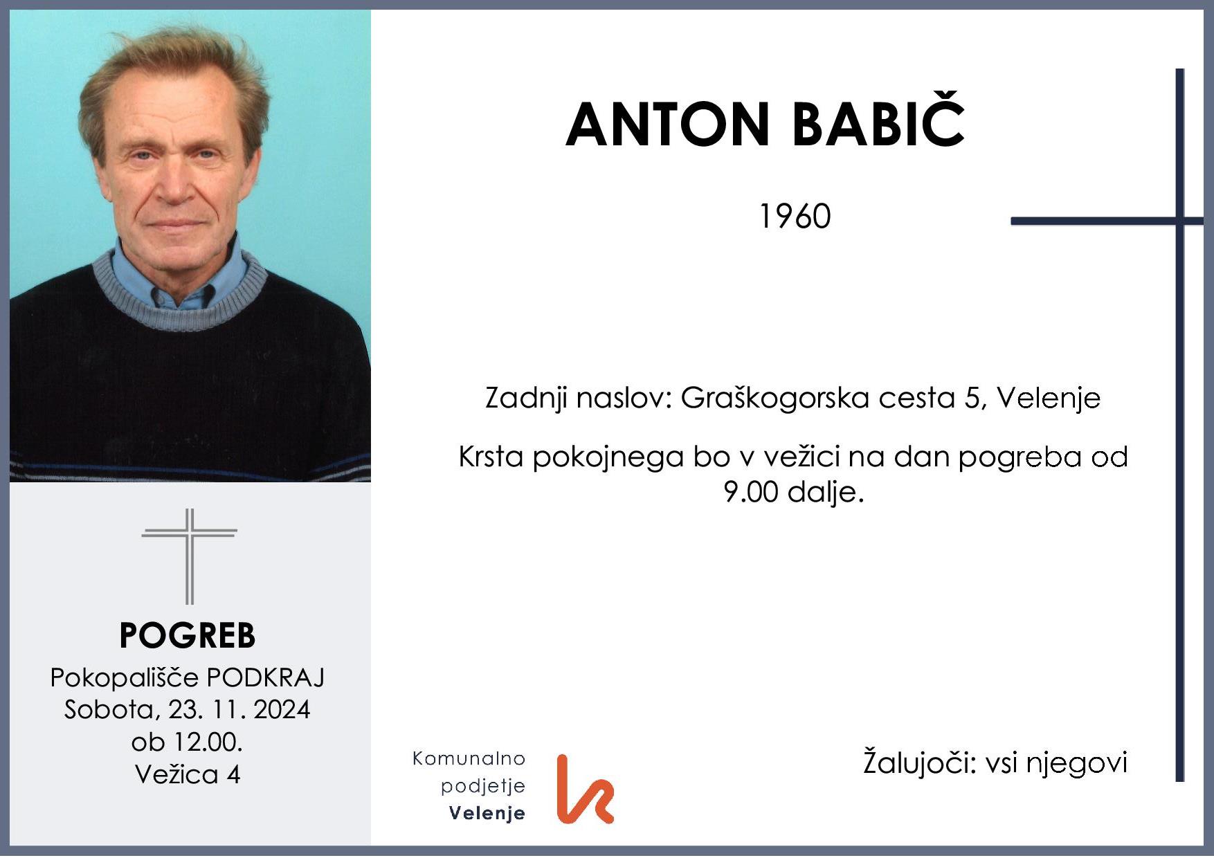 OsmrtnicaBabičAnton1960pogreb sobota 23.11.2024 ob 12.00 Podkraj