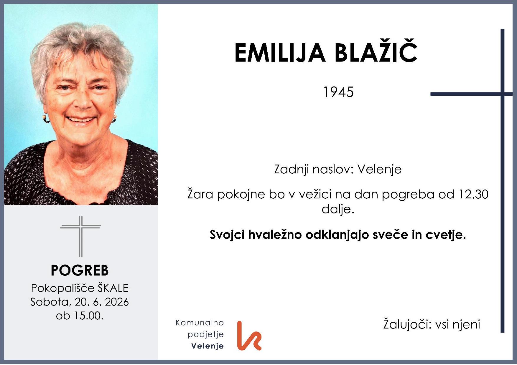 OsmrtnicaBlažičEmilija1945 pogreb sobota 20.6.2026 ob 15.00 Škale