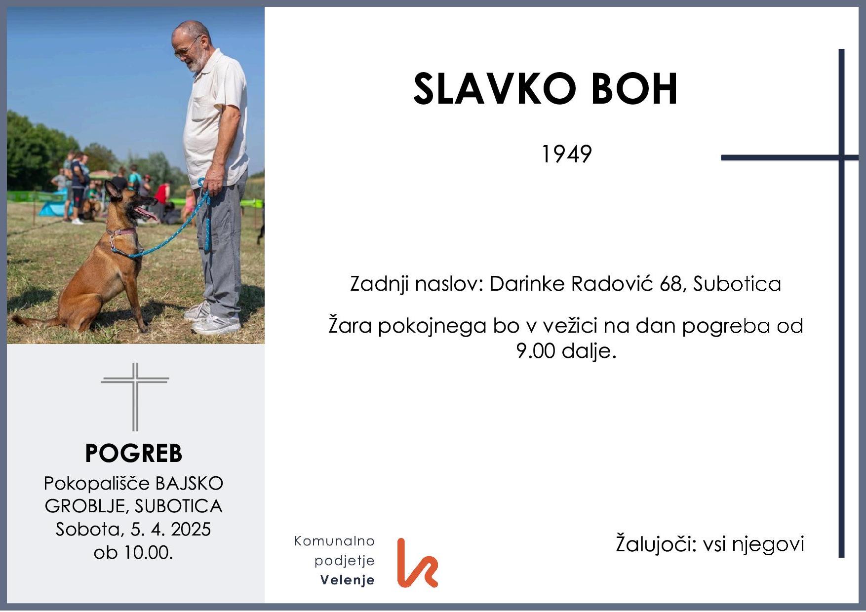 OsmrtnicaBohSlavko1949pogreb sobota 5.4.2025 ob 10.00 Subotica