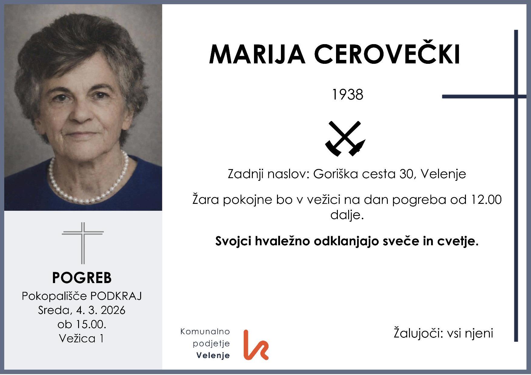 OsmrtnicaCerovečkiMarija1938 pogreb sreda 4.3.2026 ob 15.00 Podkraj