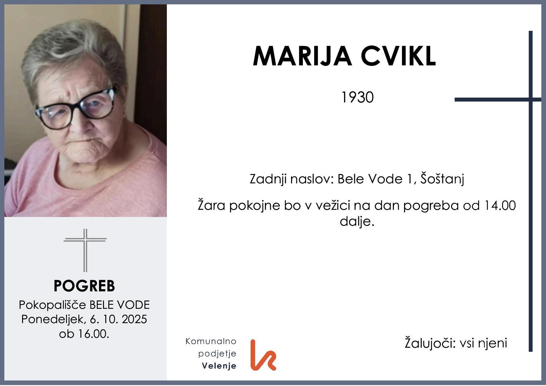 OsmrtnicaCviklMarija1930 pogreb ponedeljek, 6.10.2025 ob 16.00 Bele Vode