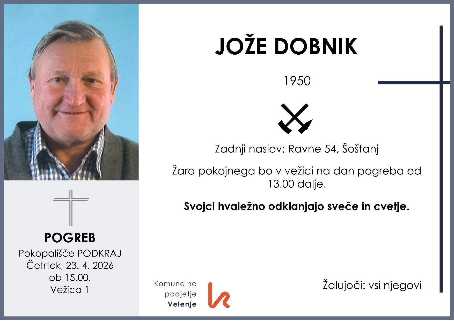 OsmrtnicaDobnikJože1950 pogreb četrtek 23.4.2026 ob 15.00 Podkraj