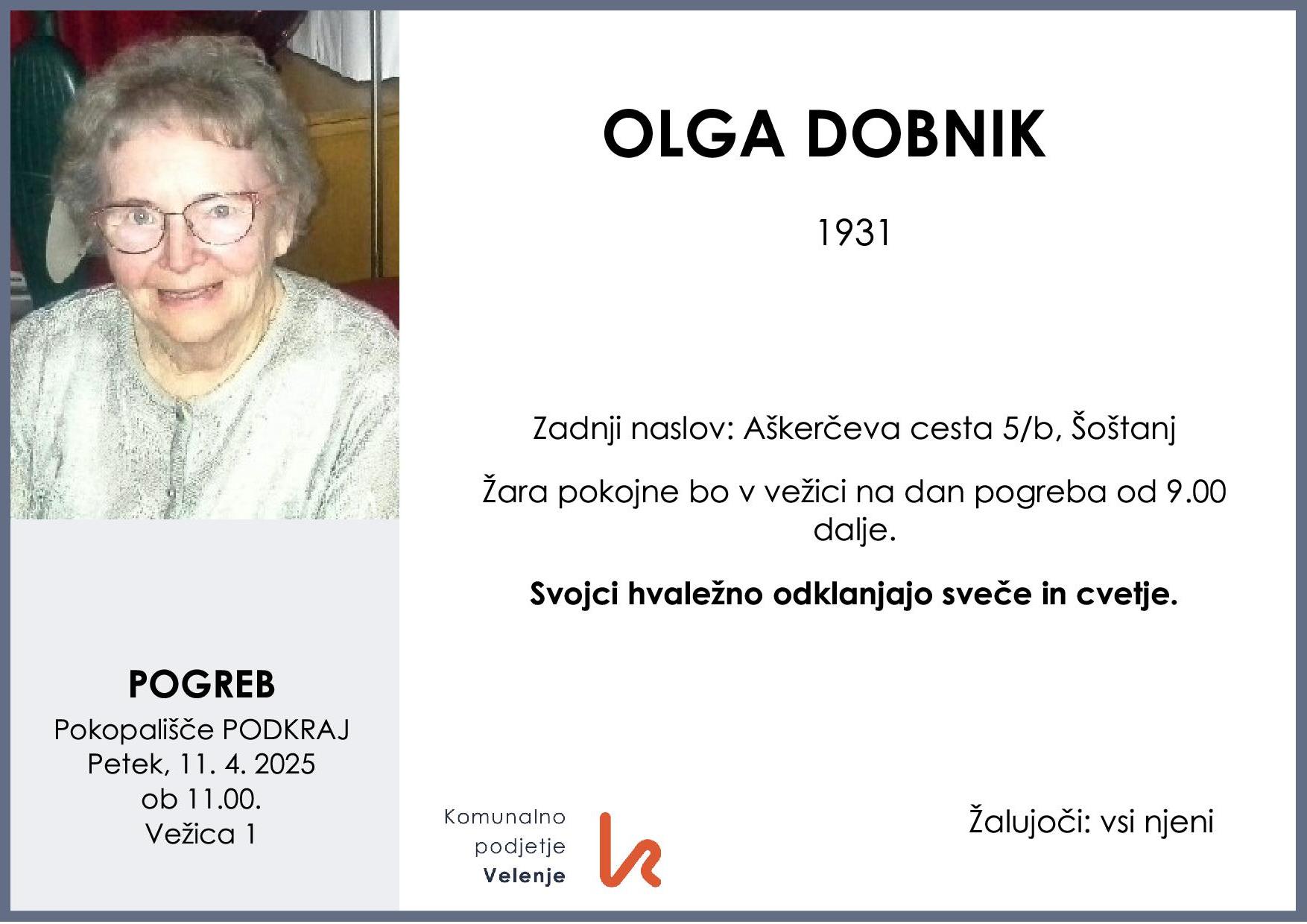 OsmrtnicaDobnikOlga1931pogreb petek 11.4.2025 ob 11.00 Podkraj
