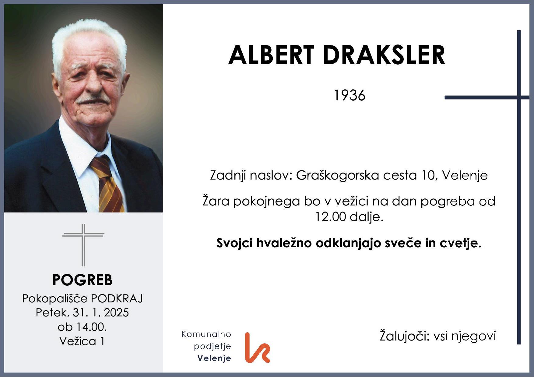 OsmrtnicaDrakslerAlbert1936 pogreb petek 31.1.2025 ob 14.00 Podkraj