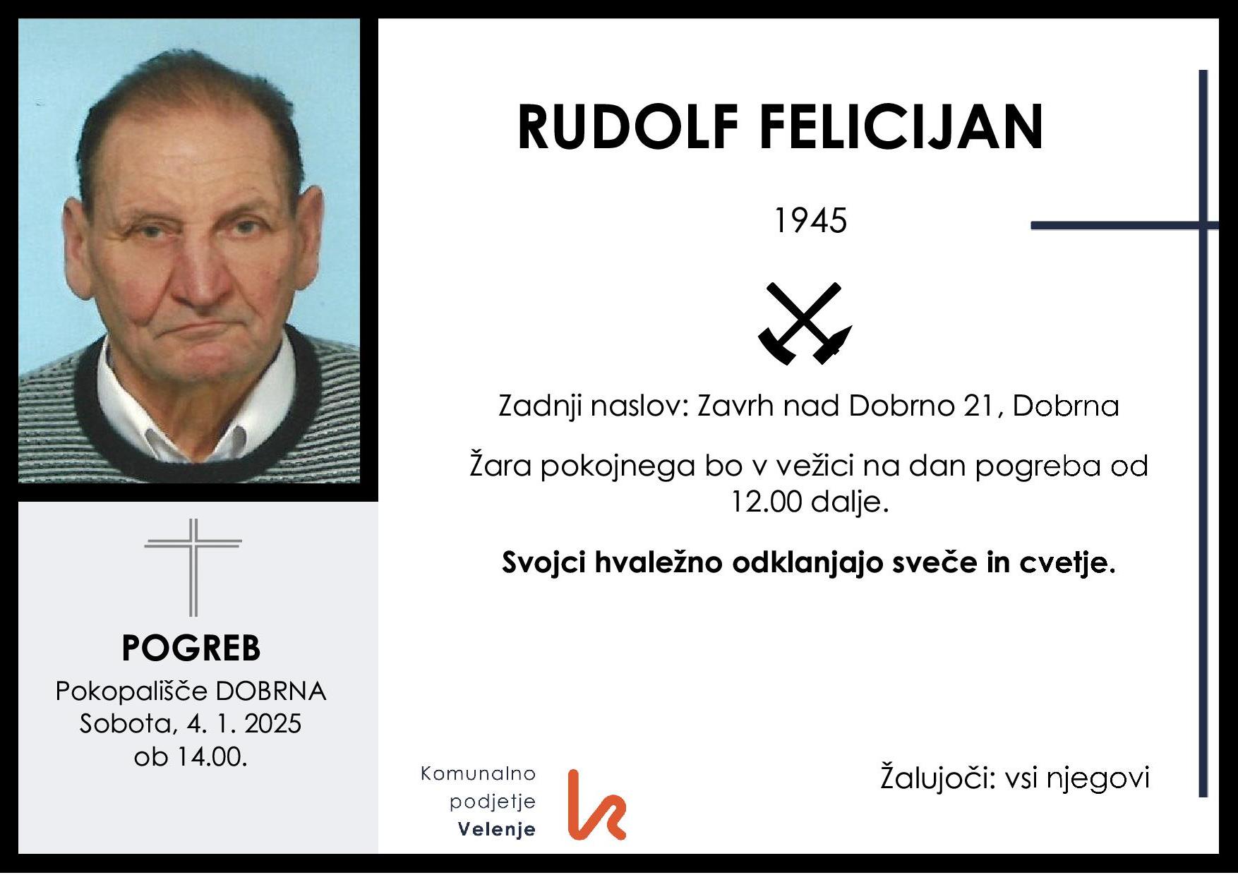 OsmrtnicaFelicijanRudolf1945 pogreb sobota 4.1.2025 ob 14.00 Dobrna