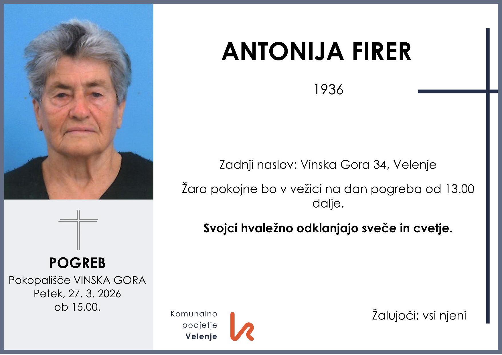 OsmrtnicaFirerAntonija1936 pogreb petek, 27.3.2026 ob 15.00 Vinska Gora