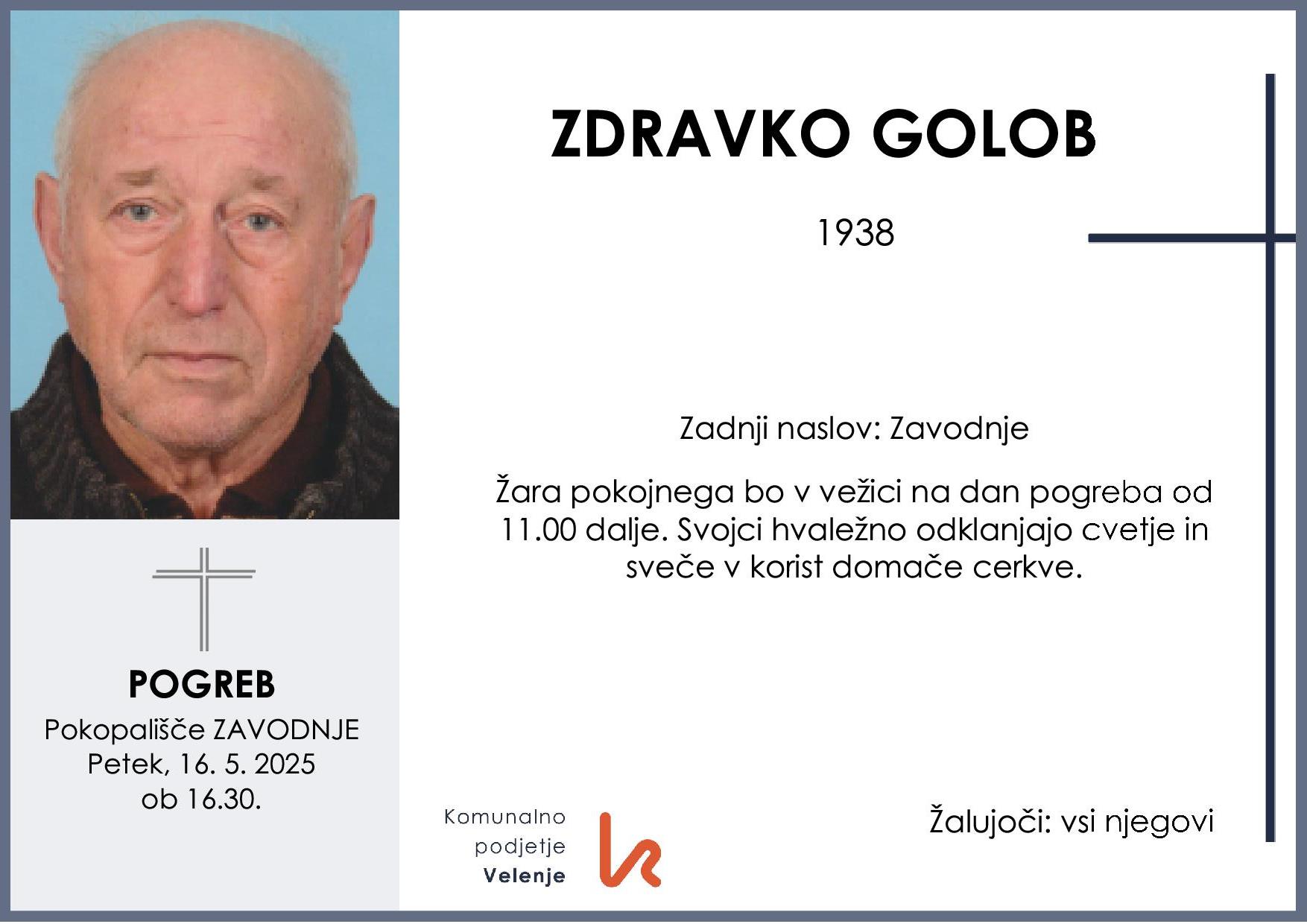 OsmrtnicaGolobZdravko1938pogreb petek 16.5.2025 ob 16.30 Zavodnje