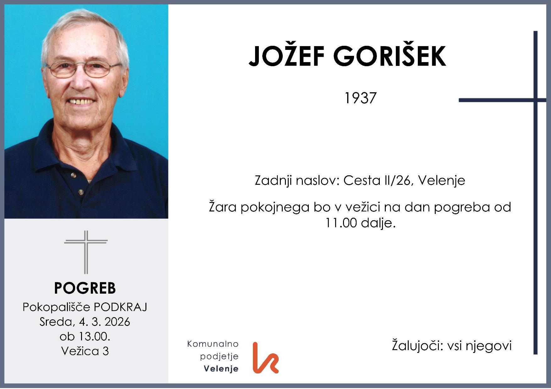 OsmrtnicaGorišekJožef1937 pogreb sreda 4.3.2026 ob 13.00 Podkraj