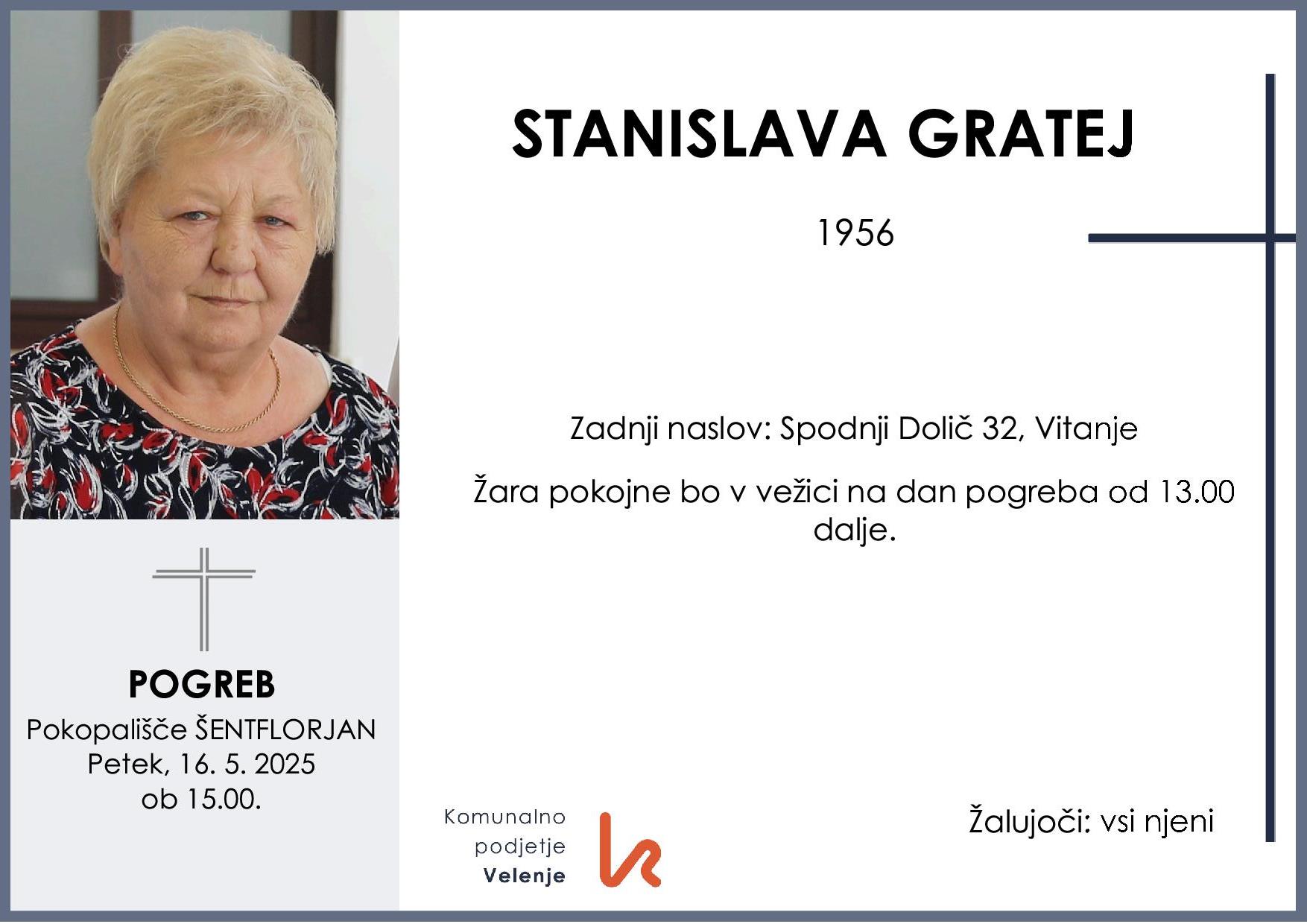 OsmrtnicaGratejStanislava1956pogreb petek 16.5 2025 ob 15.00 Šentflorjan
