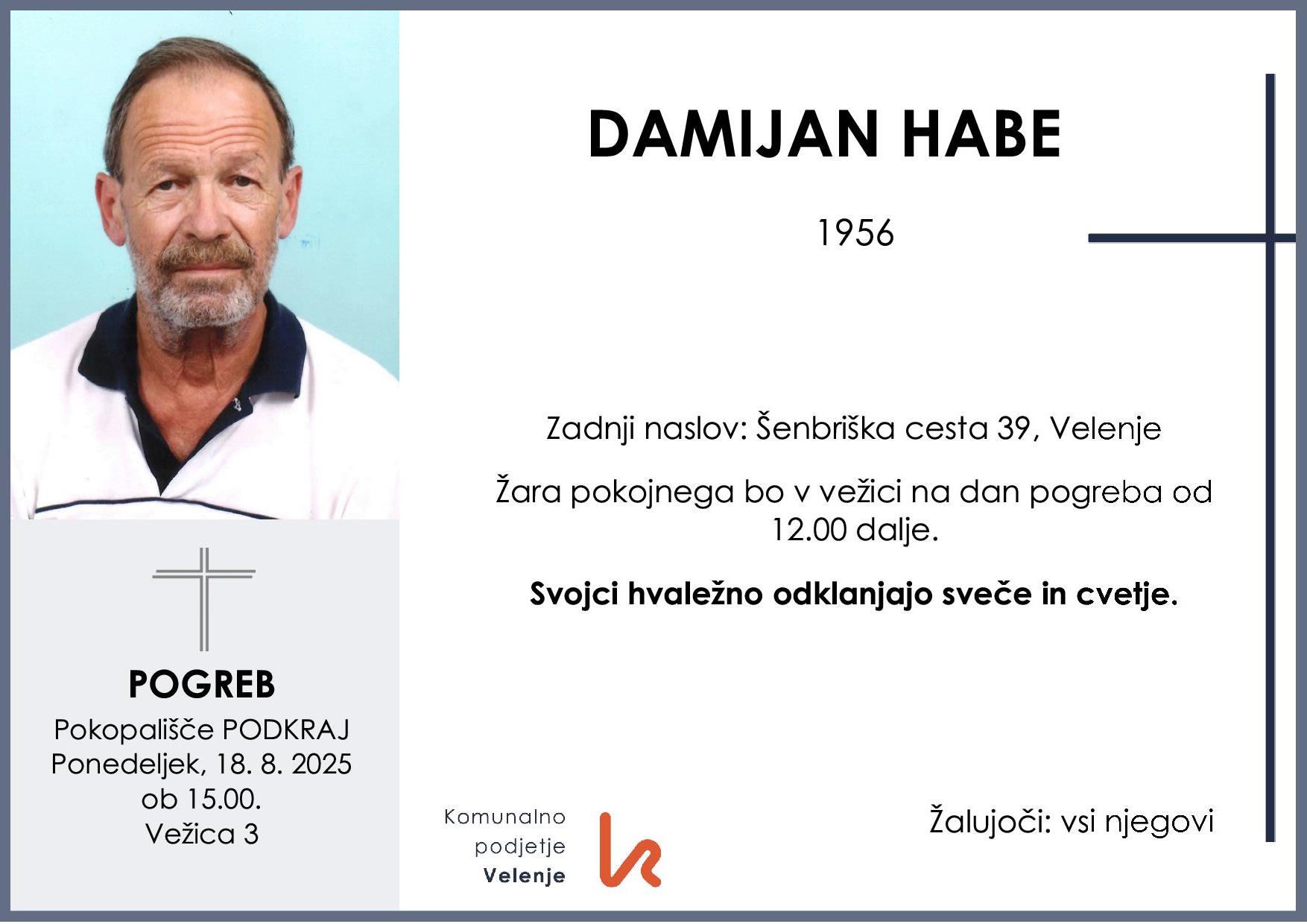 OsmrtnicaHabeDamijan1956pogreb ponedeljek 18.8.2025 ob 15.00 Podkraj
