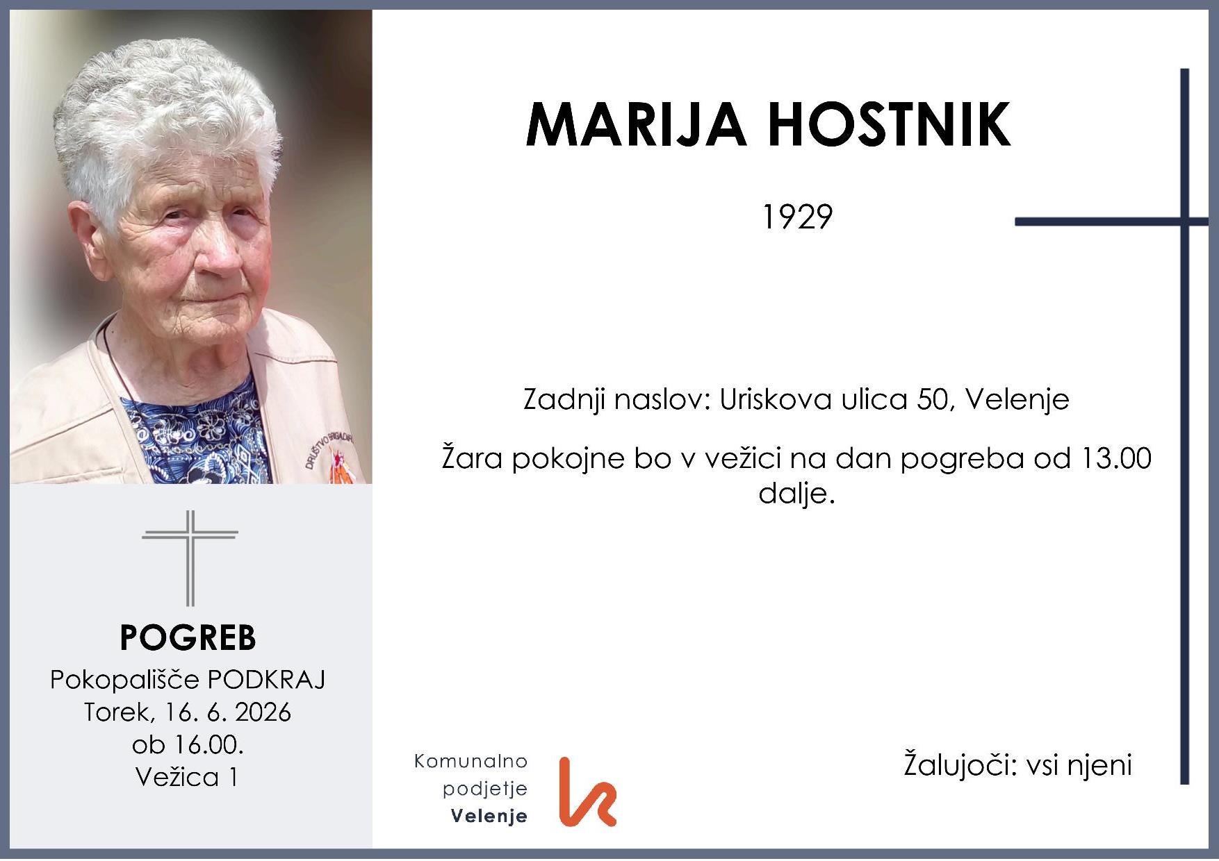 OsmrtnicaHostnikMarija1929 pogreb torek 16.6.2026 ob 16.00 Podkraj