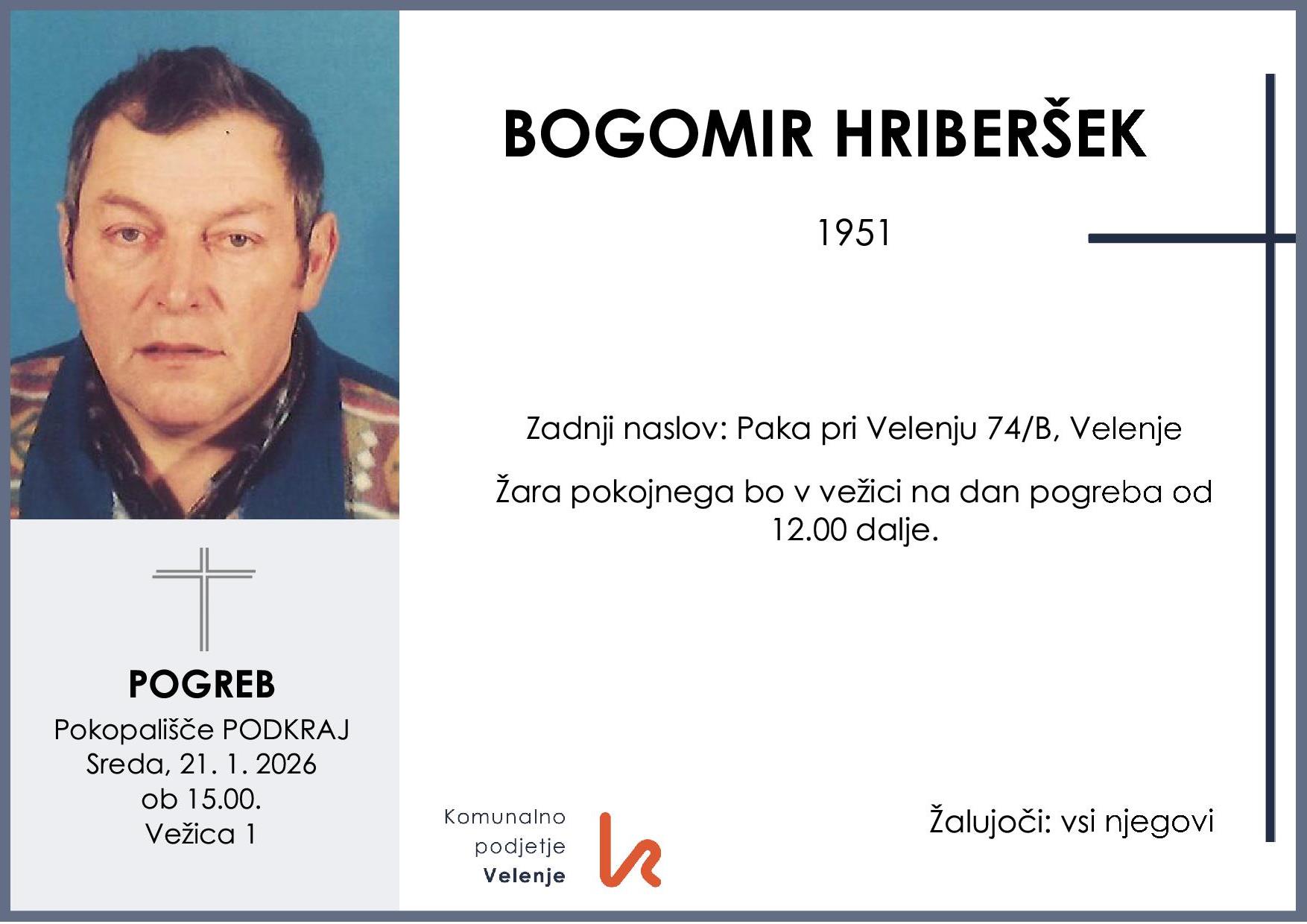 OsmrtnicaHriberšekBogomir1951pogreb sreda 21.1.2026 ob 15.00 Podkraj