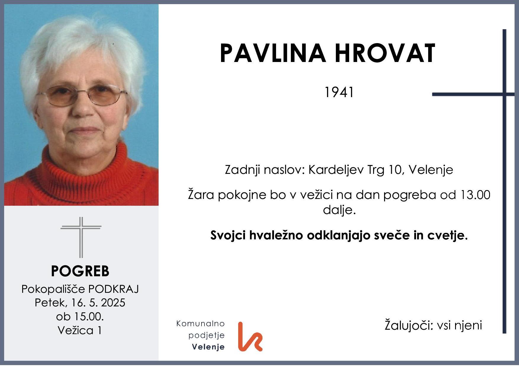 OsmrtnicaHrovatPavlina1941pogreb petek 16.5.2025 ob 15.00 Podkraj