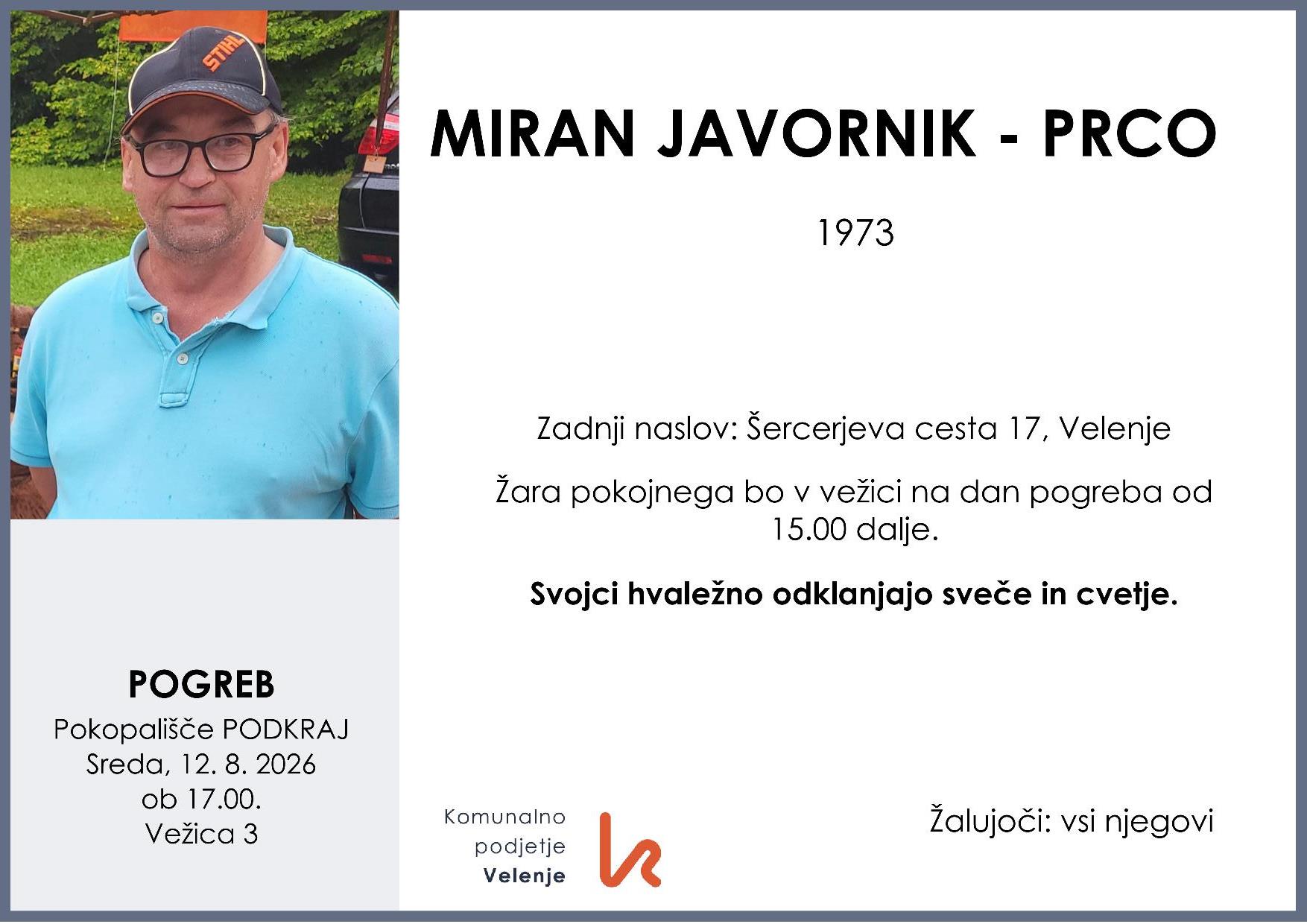 OsmrtnicaJavornikMiran1973 pogreb sreda 12.8.2026 ob 17.00 Podkraj