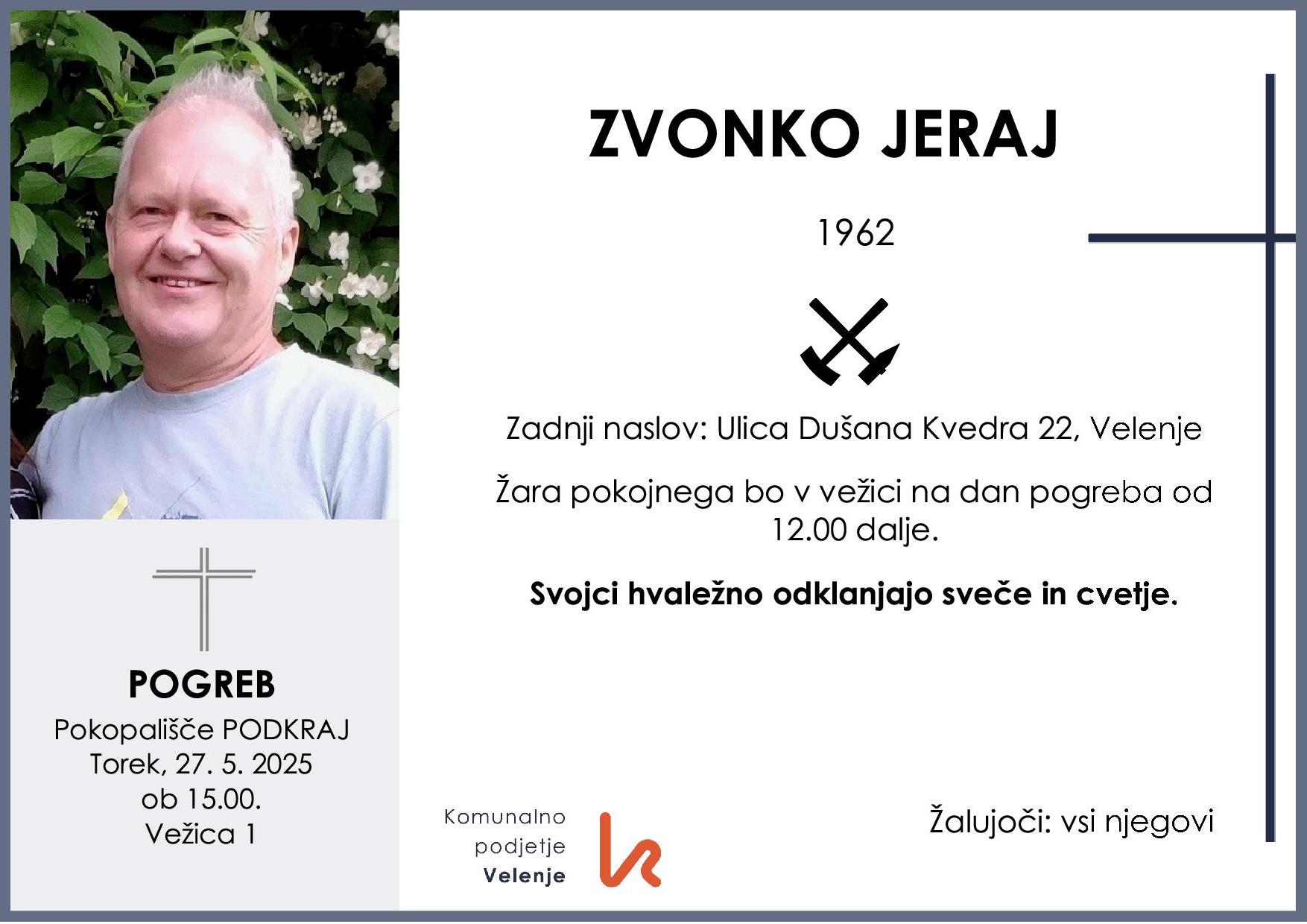 OsmrtnicaJerajZvonko1962pogreb torek 27.5.2025 ob 15.00 Podkraj
