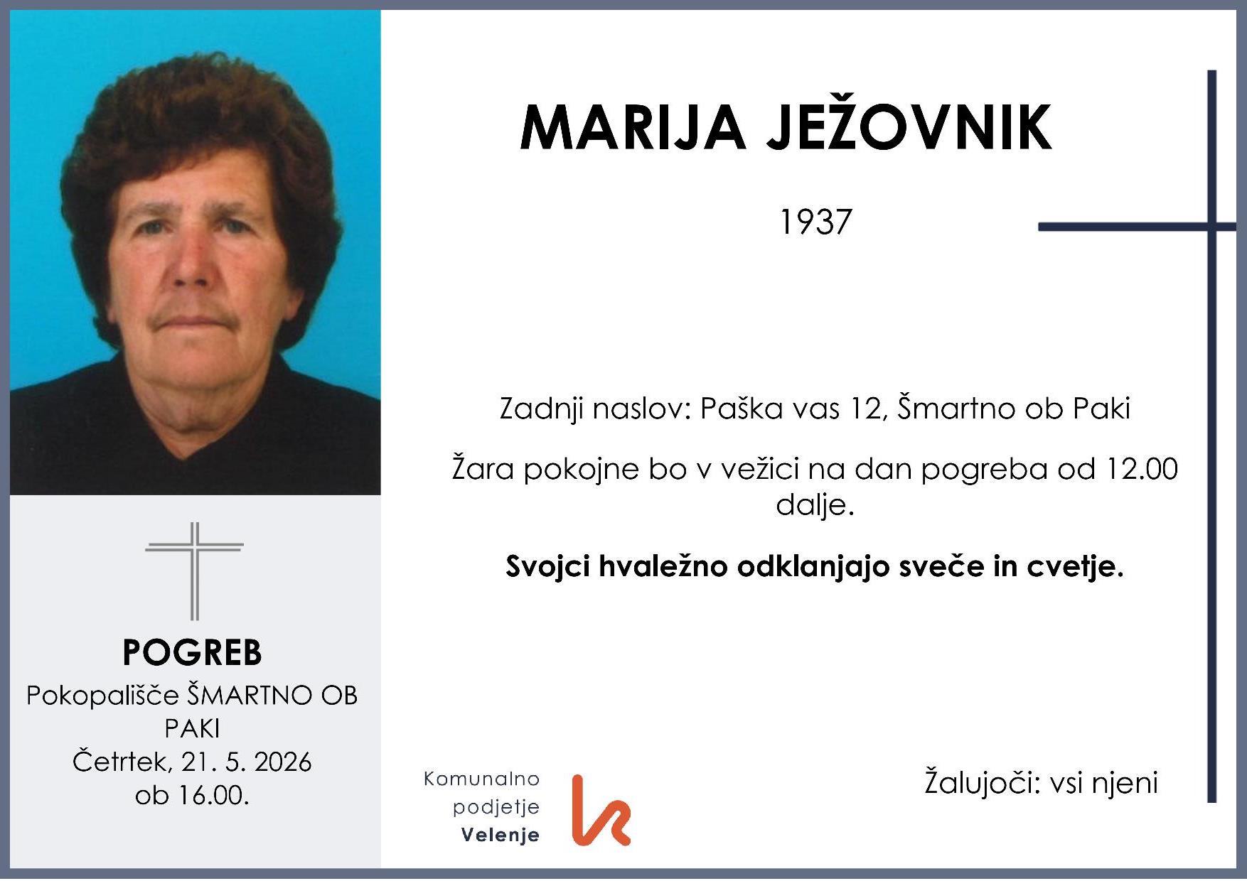 OsmrtnicaJežovnikMarija1937 pogreb četrtek 21.5.2026 ob 16.00 Šmartno ob Paki