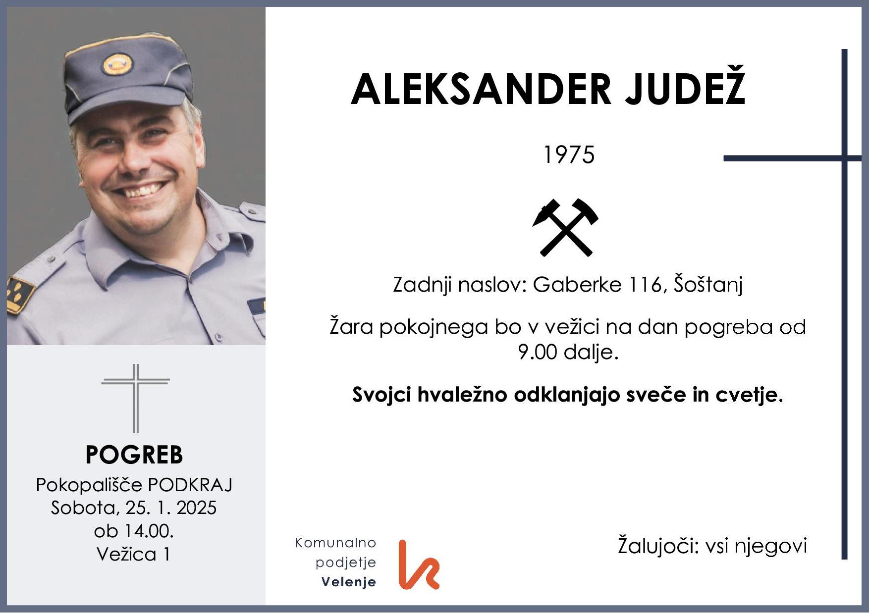 OsmrtnicaJudežAleksander1975 pogreb sobota 25.1.2025 ob 14.00 Podkraj