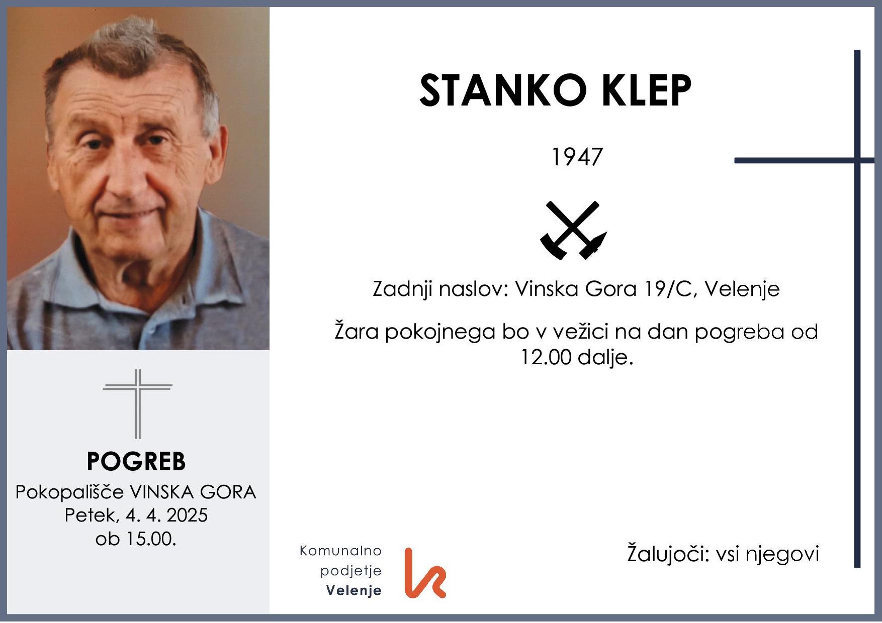 OsmrtnicaKlepStanko1947 pogreb petek, 4.4.2025 ob 15.00 Vinska Gora