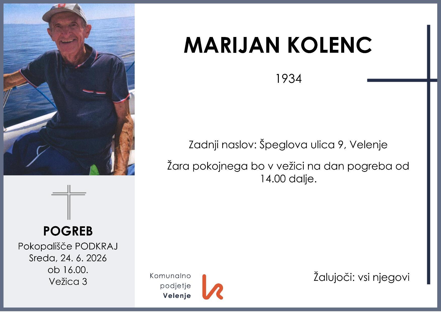 OsmrtnicaKolencMarijan1934 pogreb sreda 24.6.2026 ob 16.00 Podkraj