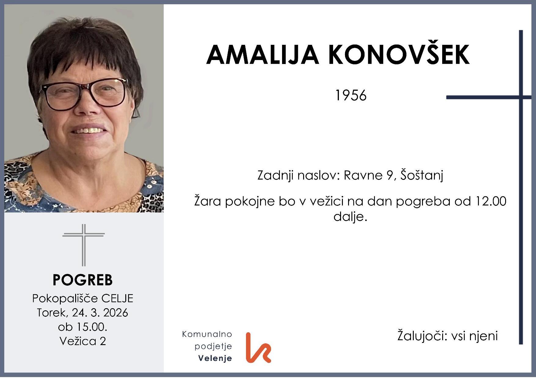 OsmrtnicaKonovšekAmalija1956 pogreb torek 24.3.2026 ob 15.00 Celje