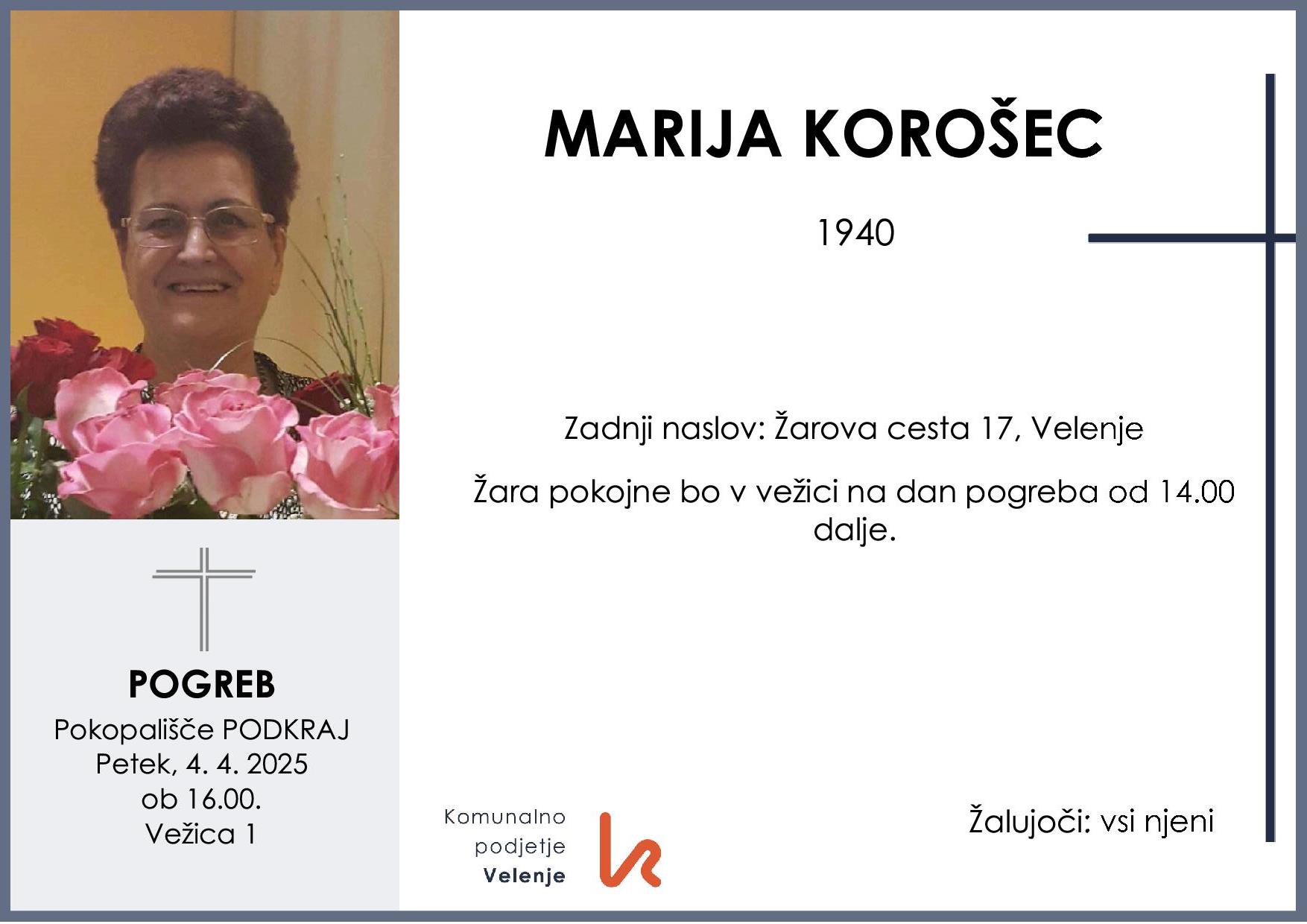 OsmrtnicaKorošecMarija1940pogreb petek 4.4.2025 ob 16.00 Podkraj