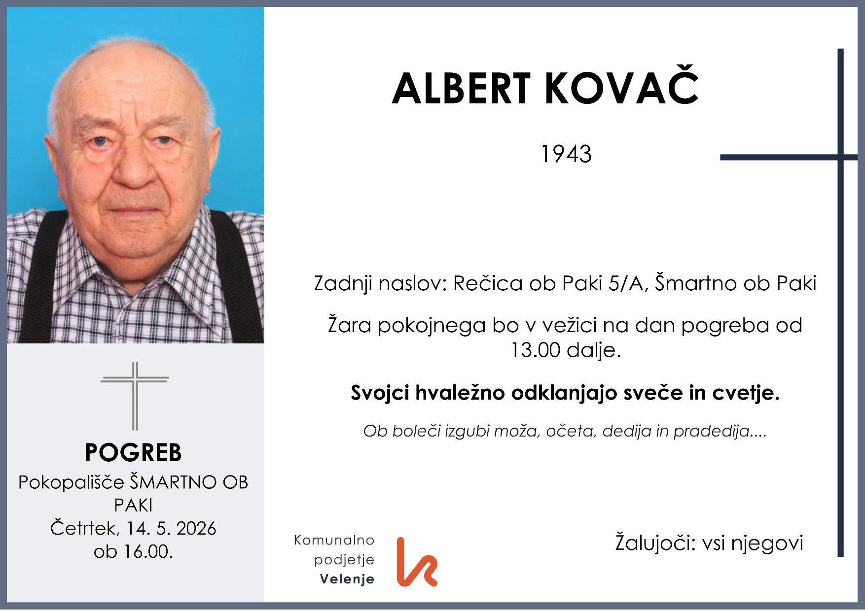 OsmrtnicaKovačAlbert1943 pogreb četrtek 14.5.2026 ob 16.00 Šmartno ob Paki