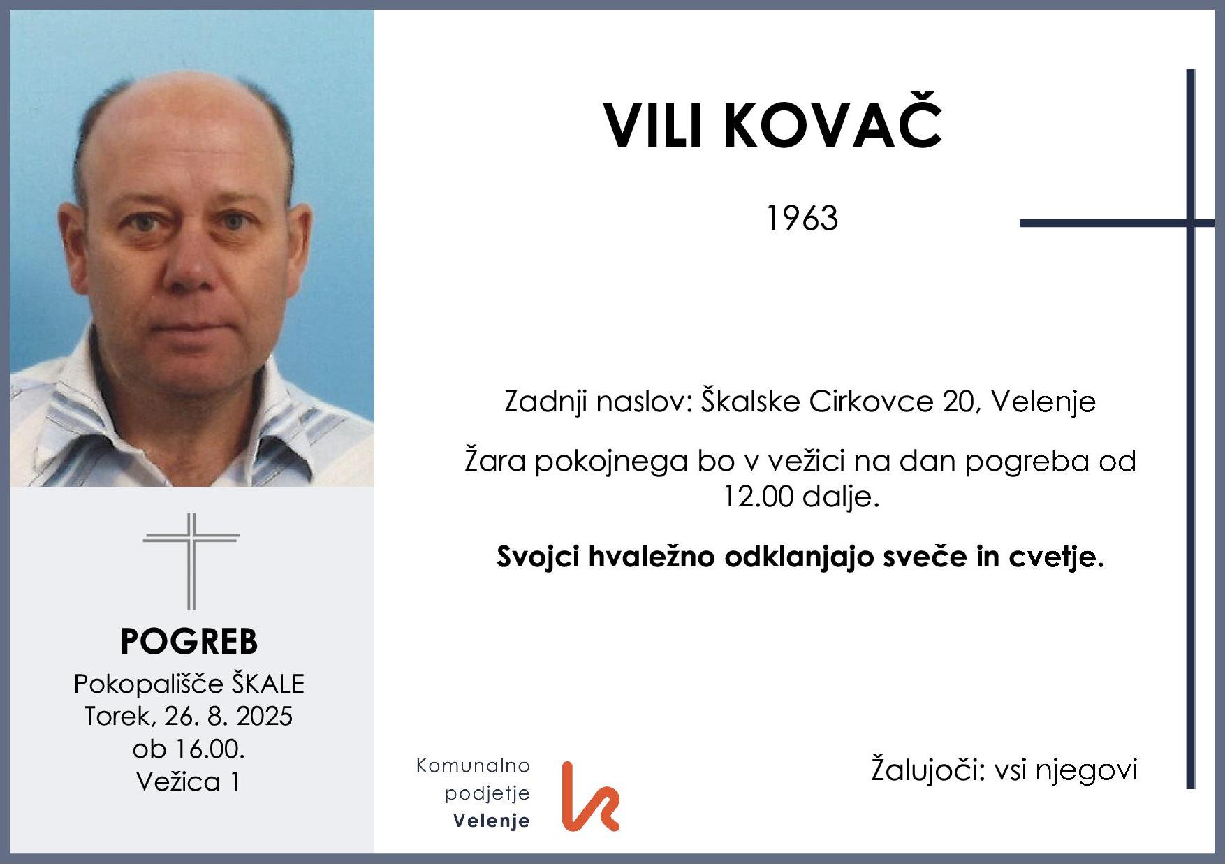 OsmrtnicaKovačVili1963pogreb torek 26.8.2025 Škale