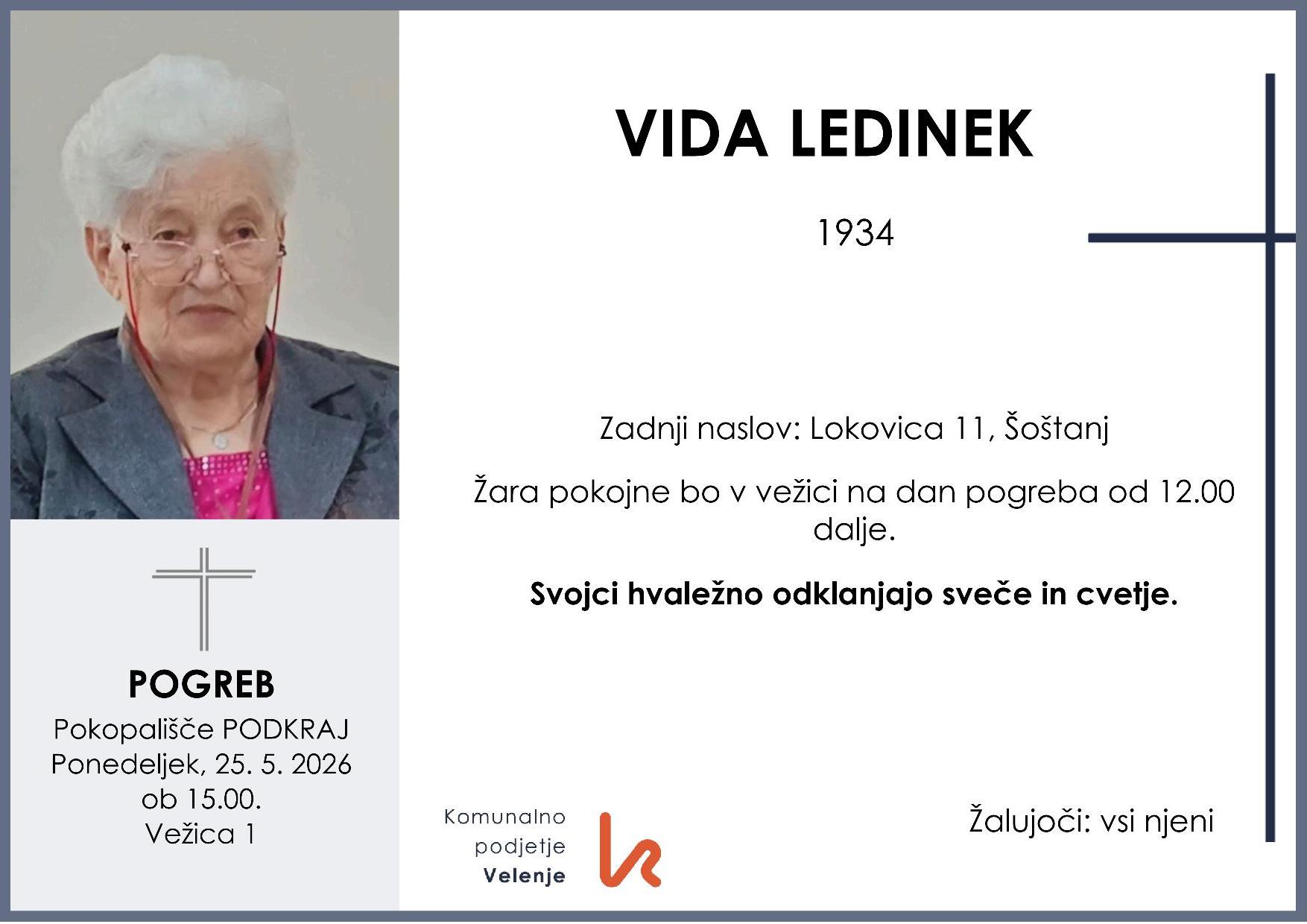 OsmrtnicaLedinekVida1934 pogreb ponedeljek 25.5.2026 ob 15.00 Podkraj