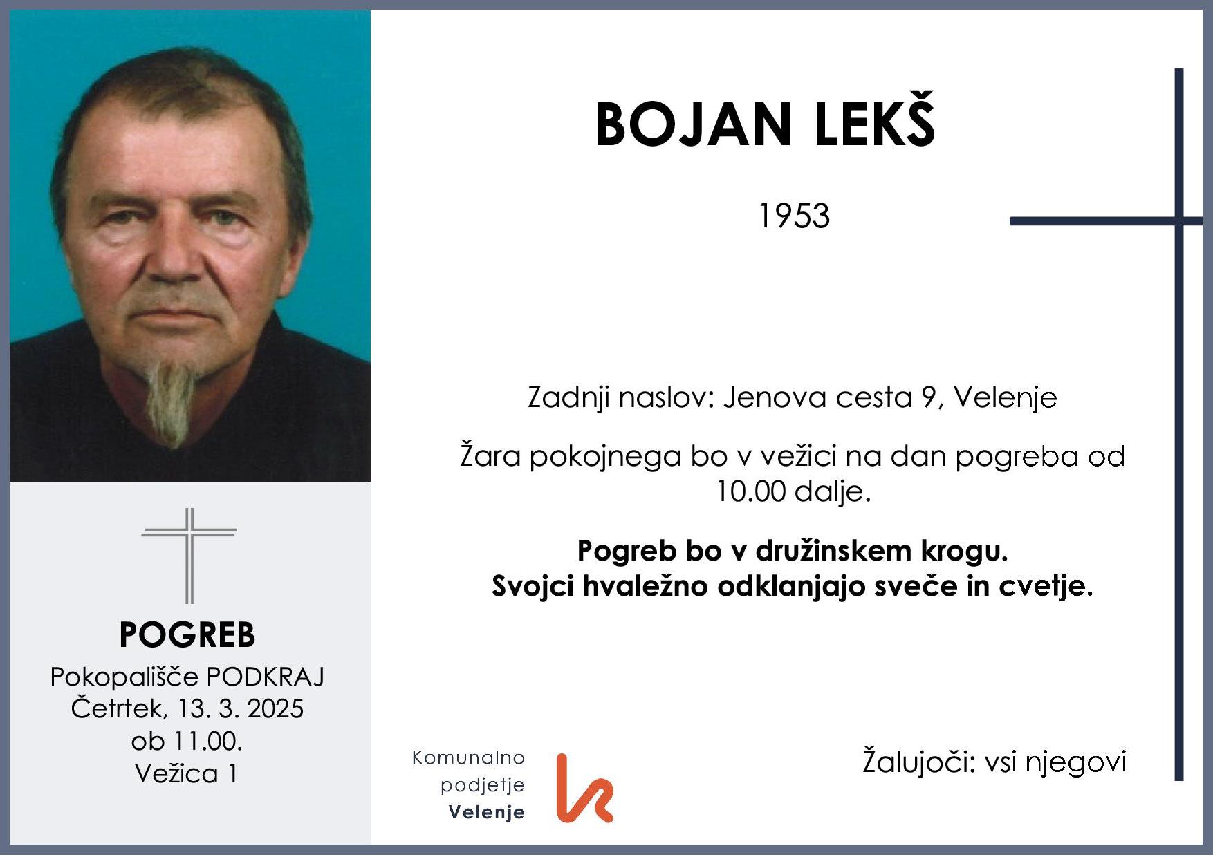 OsmrtnicaLekšBojan1953pogreb četrtek 13.3.2025 ob 11.00 Podkraj