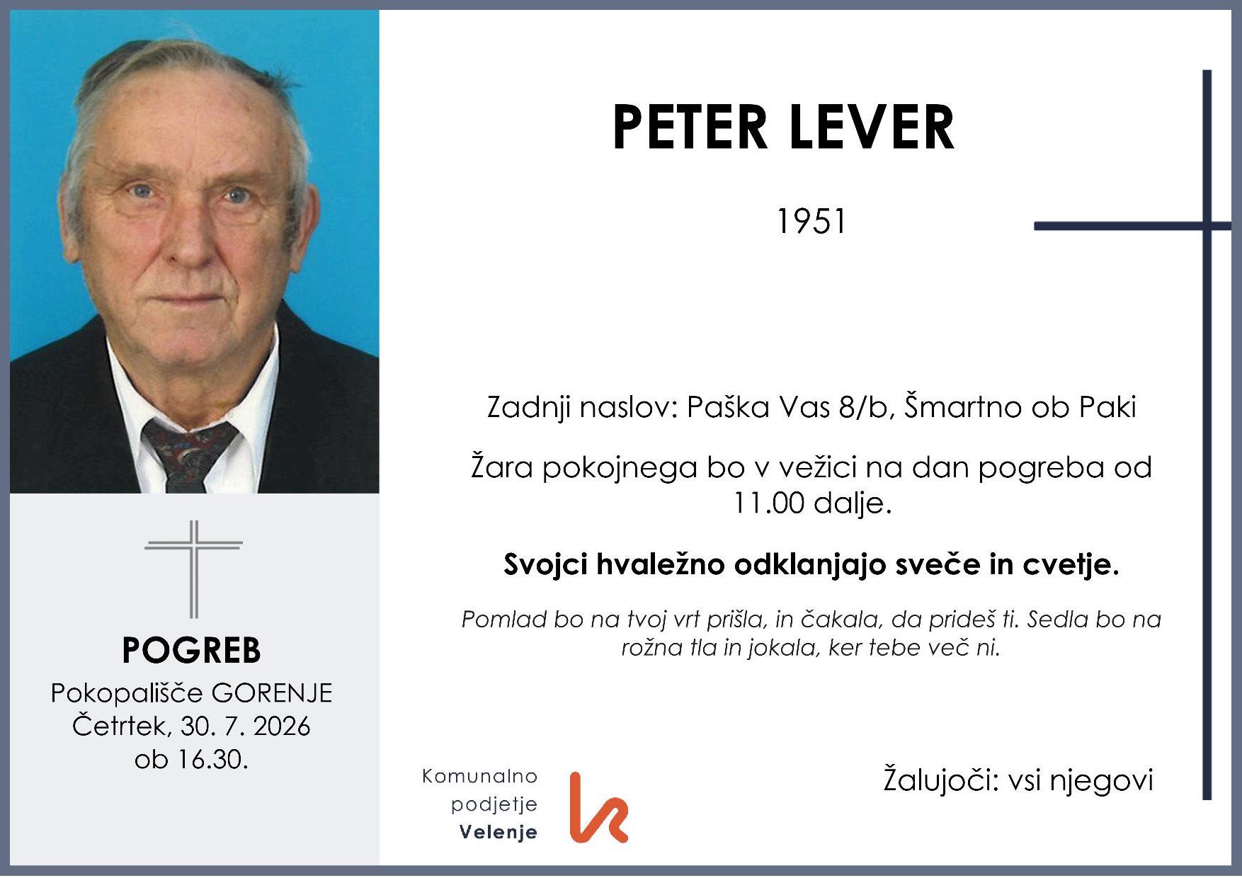 OsmrtnicaLeverPeter1951pogreb četrtek 30.7.2026 ob 16.30 Gorenje