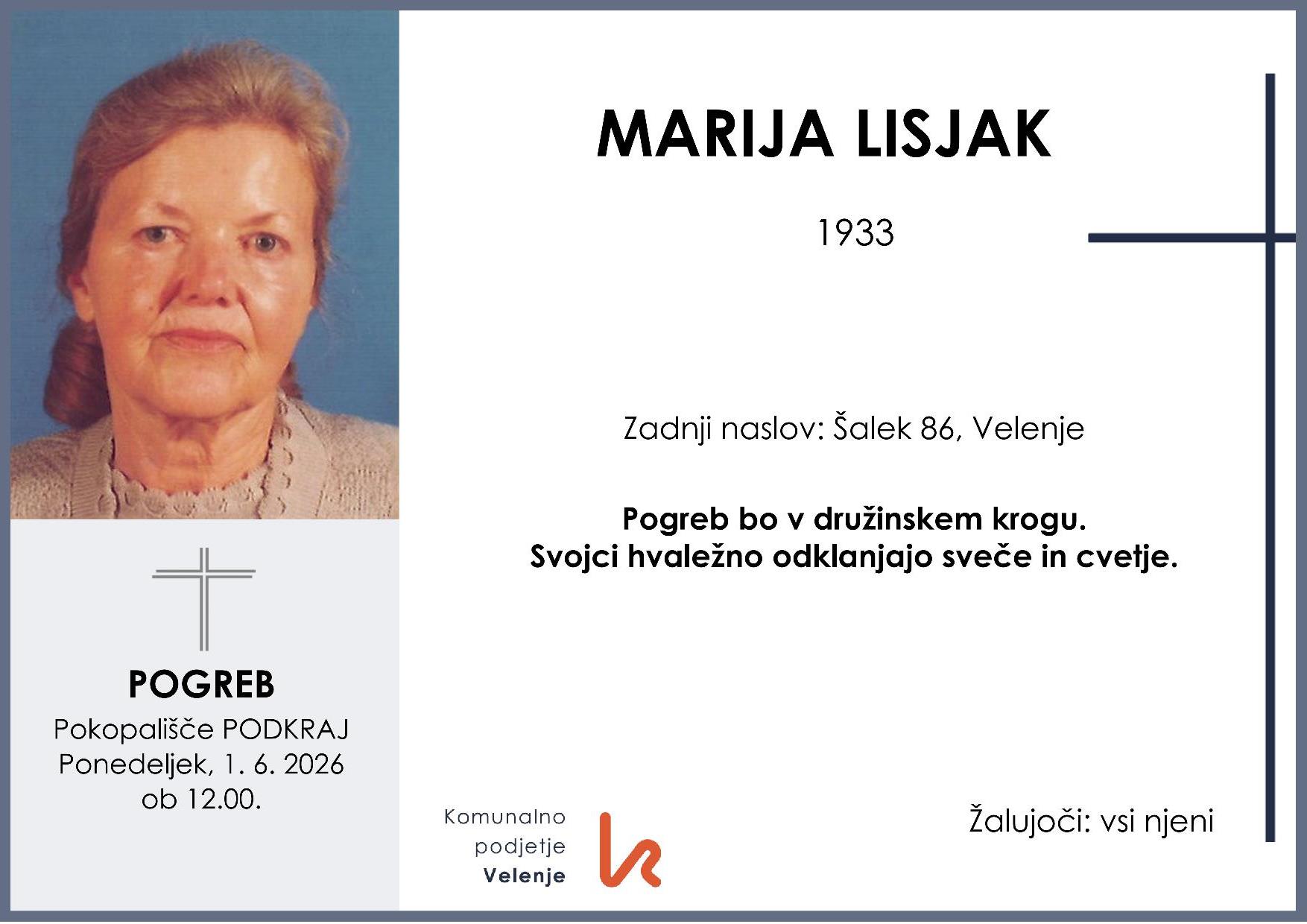 OsmrtnicaLisjakMarija1933 pogreb ponedeljek 1.6.2026 ob 12.00 Podkraj