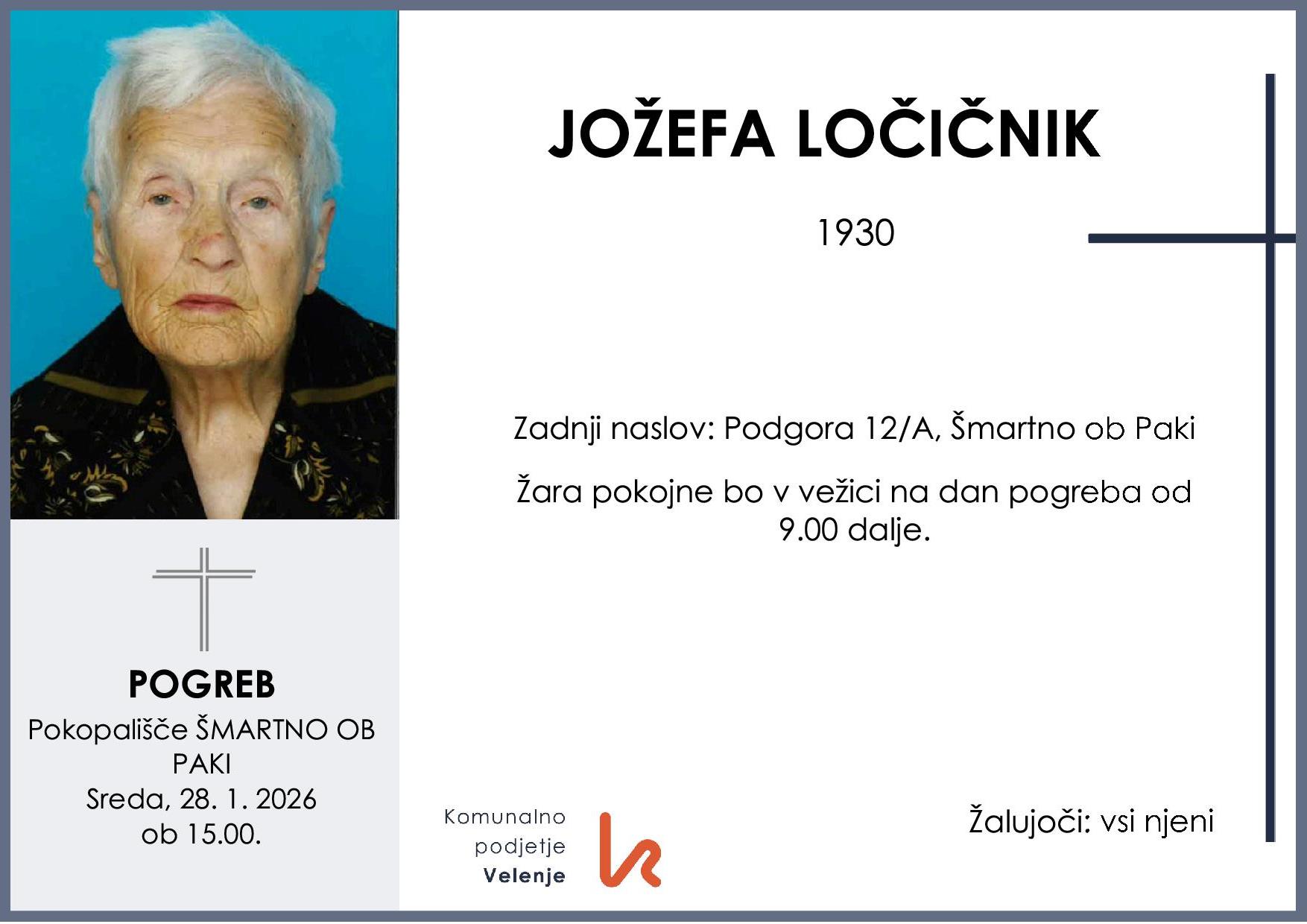 OsmrtnicaLočičnikJožefa1930 pogreb sreda 28.1.2026 ob 15.00 Šmartno ob Paki