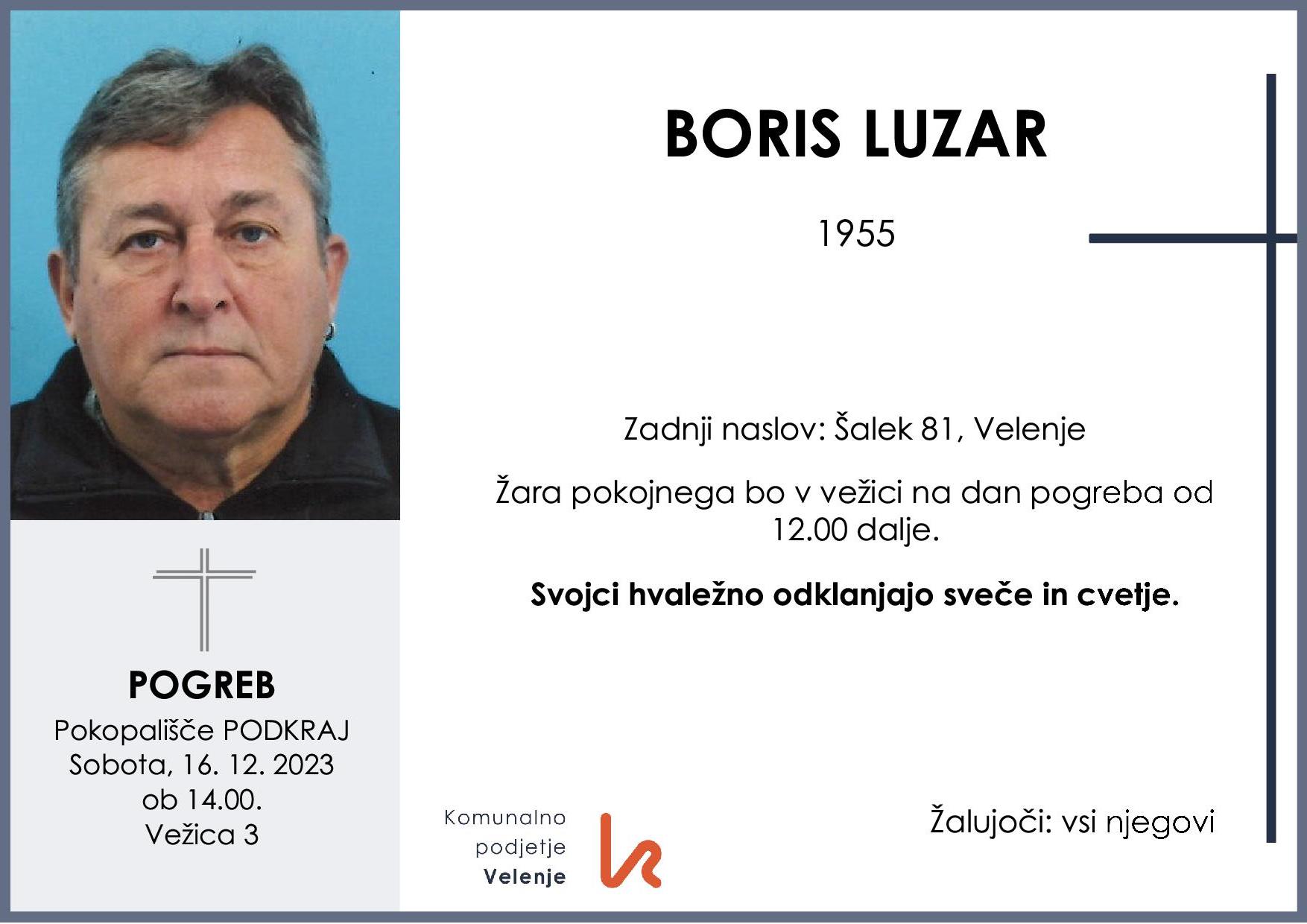 OsmrtnicaLuzarBoris1955 pogreb sobota 16.12.2023 ob 14.00 Podkraj