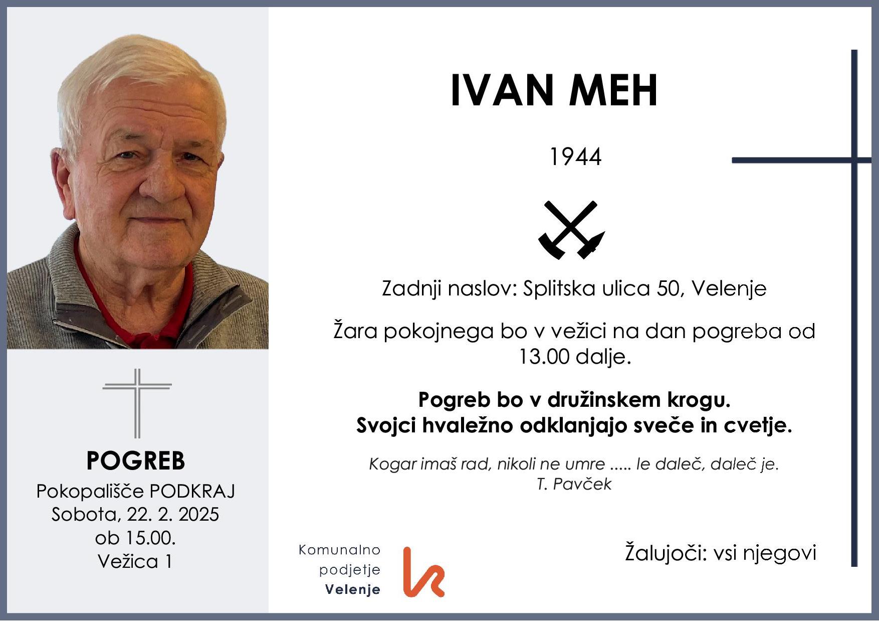OsmrtnicaMehIvan1944pogreb sobota 22.2.2025 ob 15.00 Podkraj