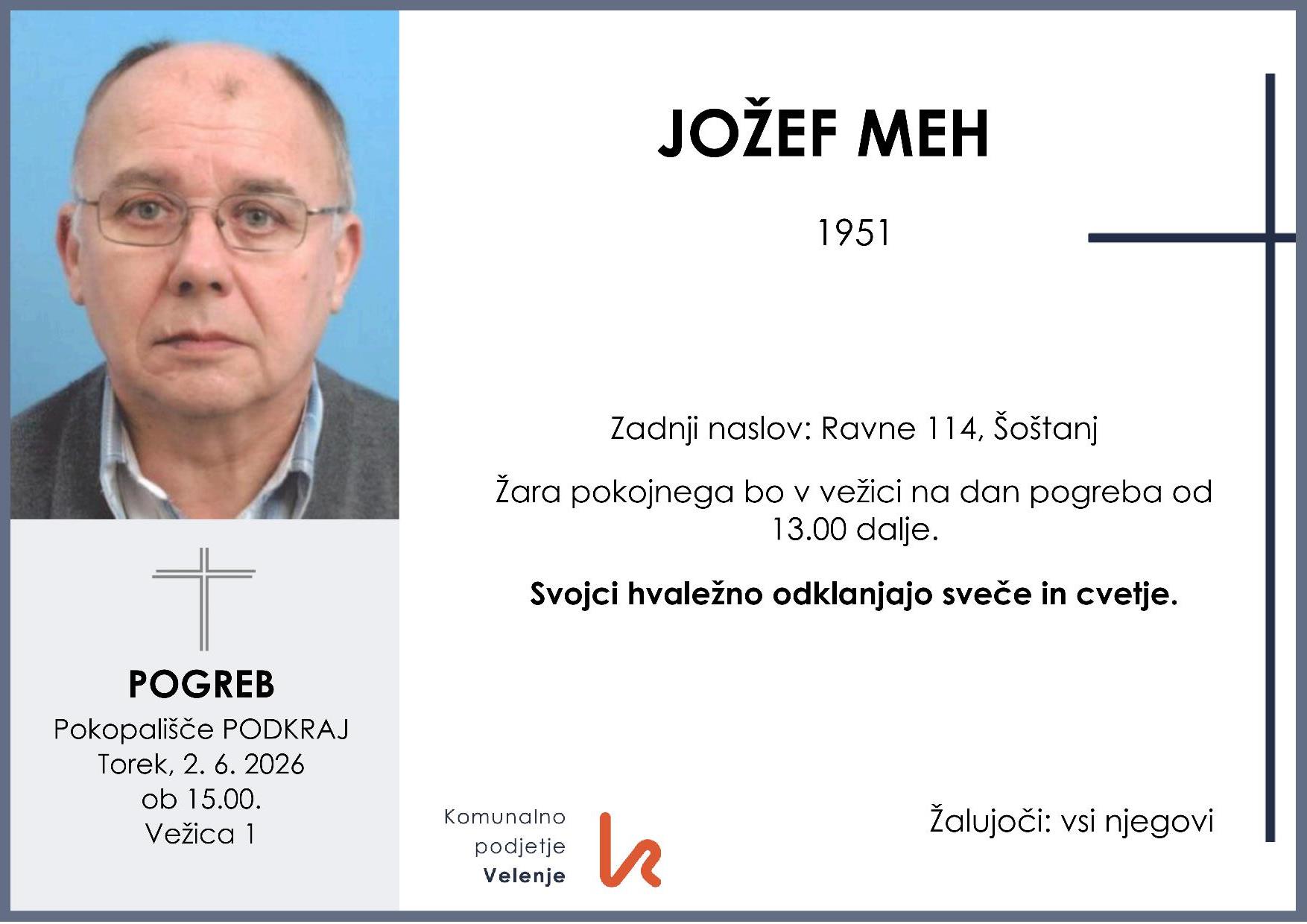 OsmrtnicaMehJože1951 pogreb torek 2.6.2026 ob 15.00 Podkraj