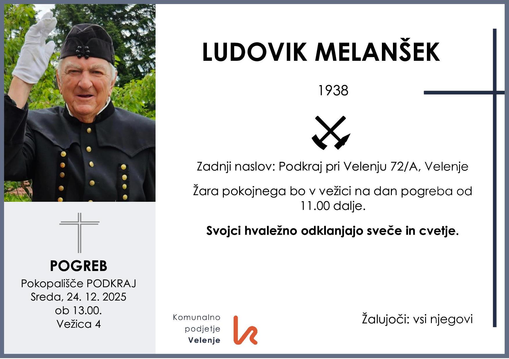 OsmrtnicaMelanšekLudovik1938pogreb sreda 24.12.2025 ob 13.00 Podkraj