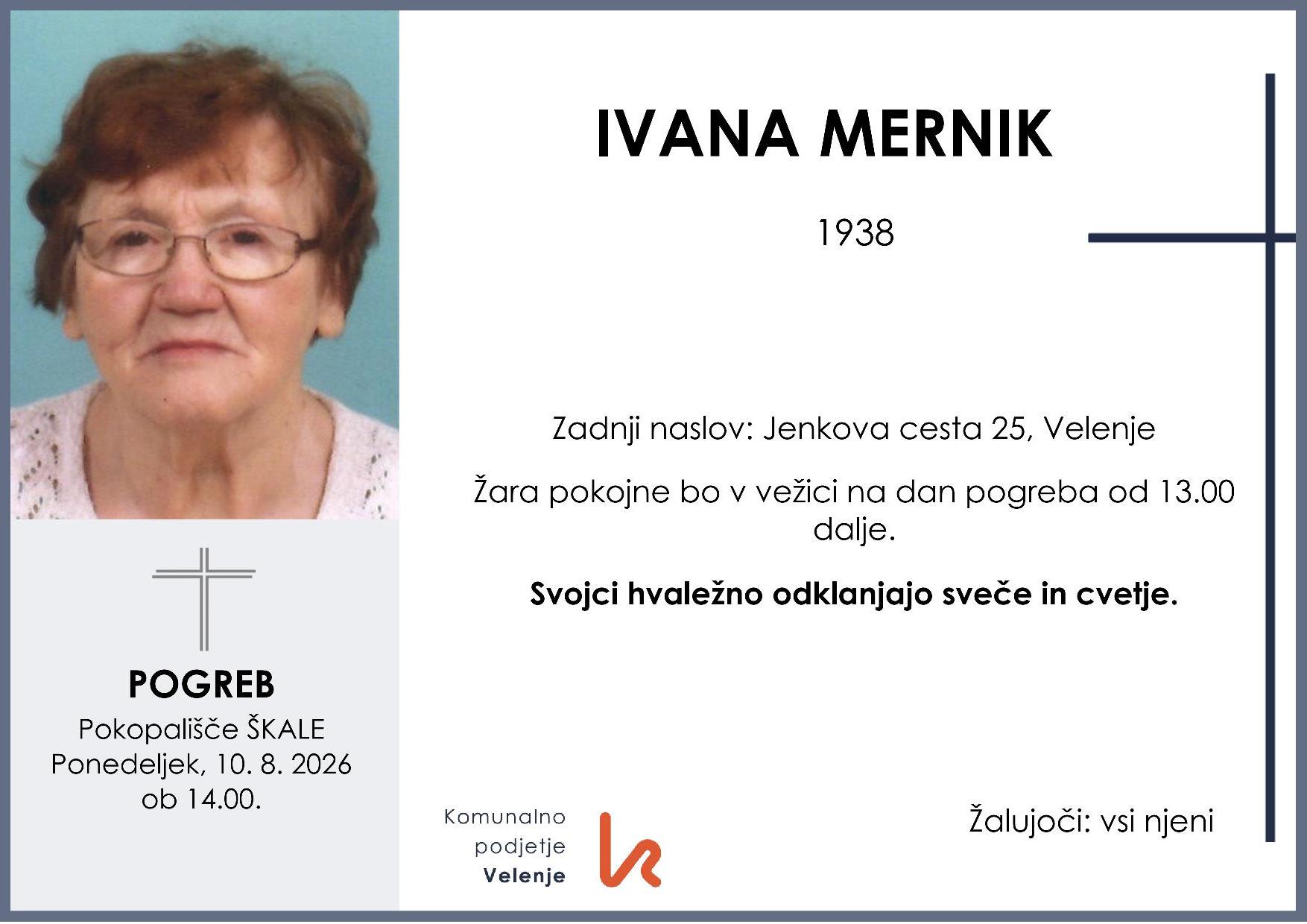 OsmrtnicaMernikIvana1938 pogreb ponedeljek 10.8.2026 ob 14.00 Škale
