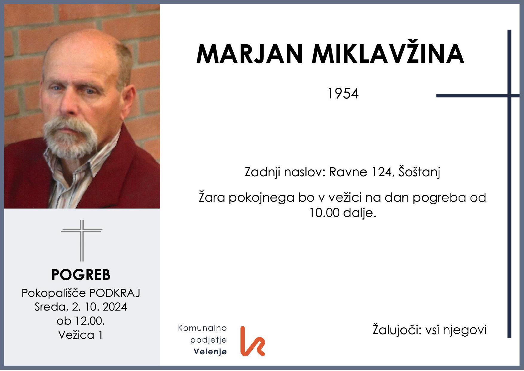 OsmrtnicaMiklavžinaMarjan1954pogreb sreda, 2.10.2024 ob 12.00 Podkraj