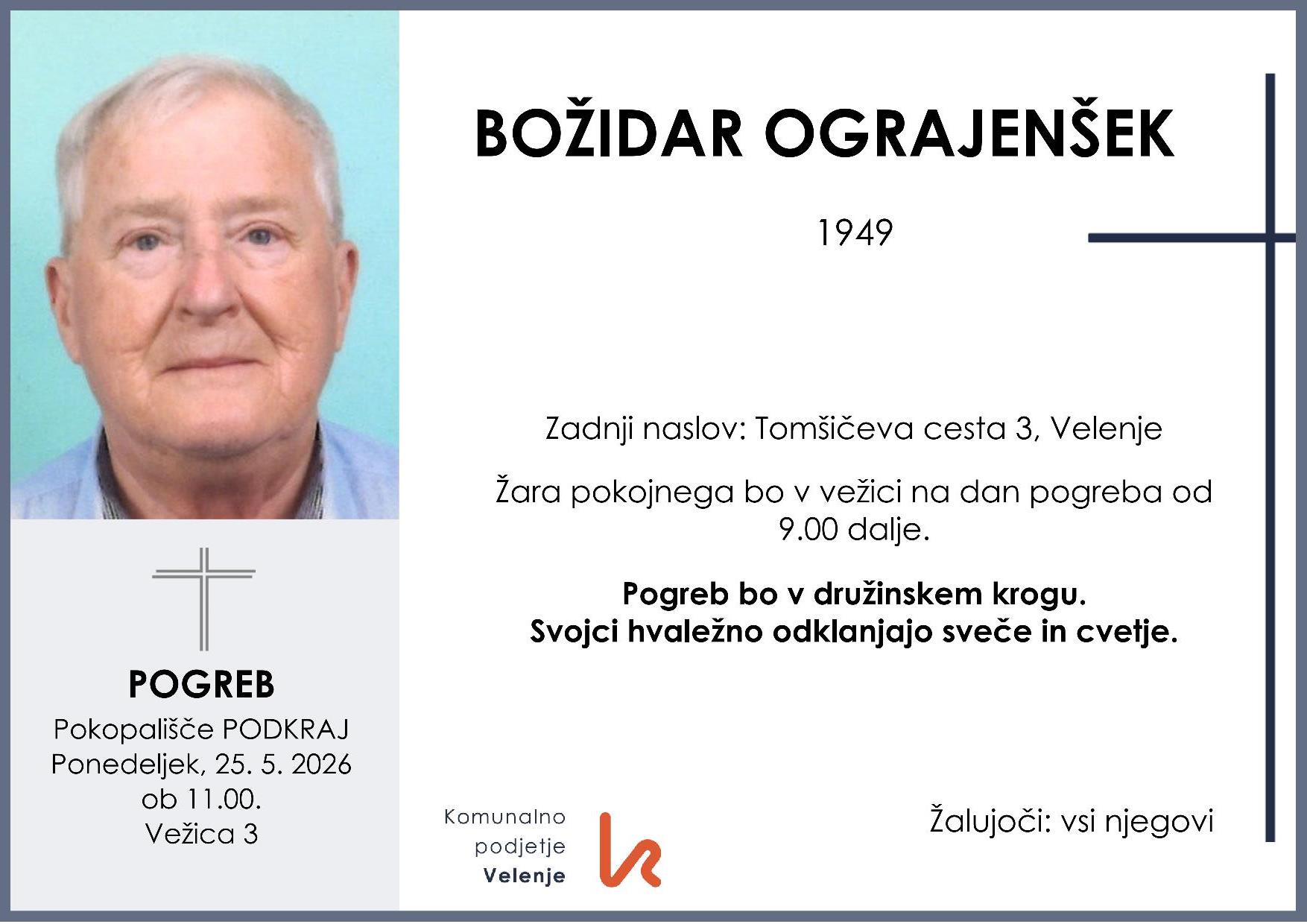 OsmrtnicaOgrajenšekBožidar1949 pogreb ponedeljek 25.5.2026 ob 11.00 Podkraj