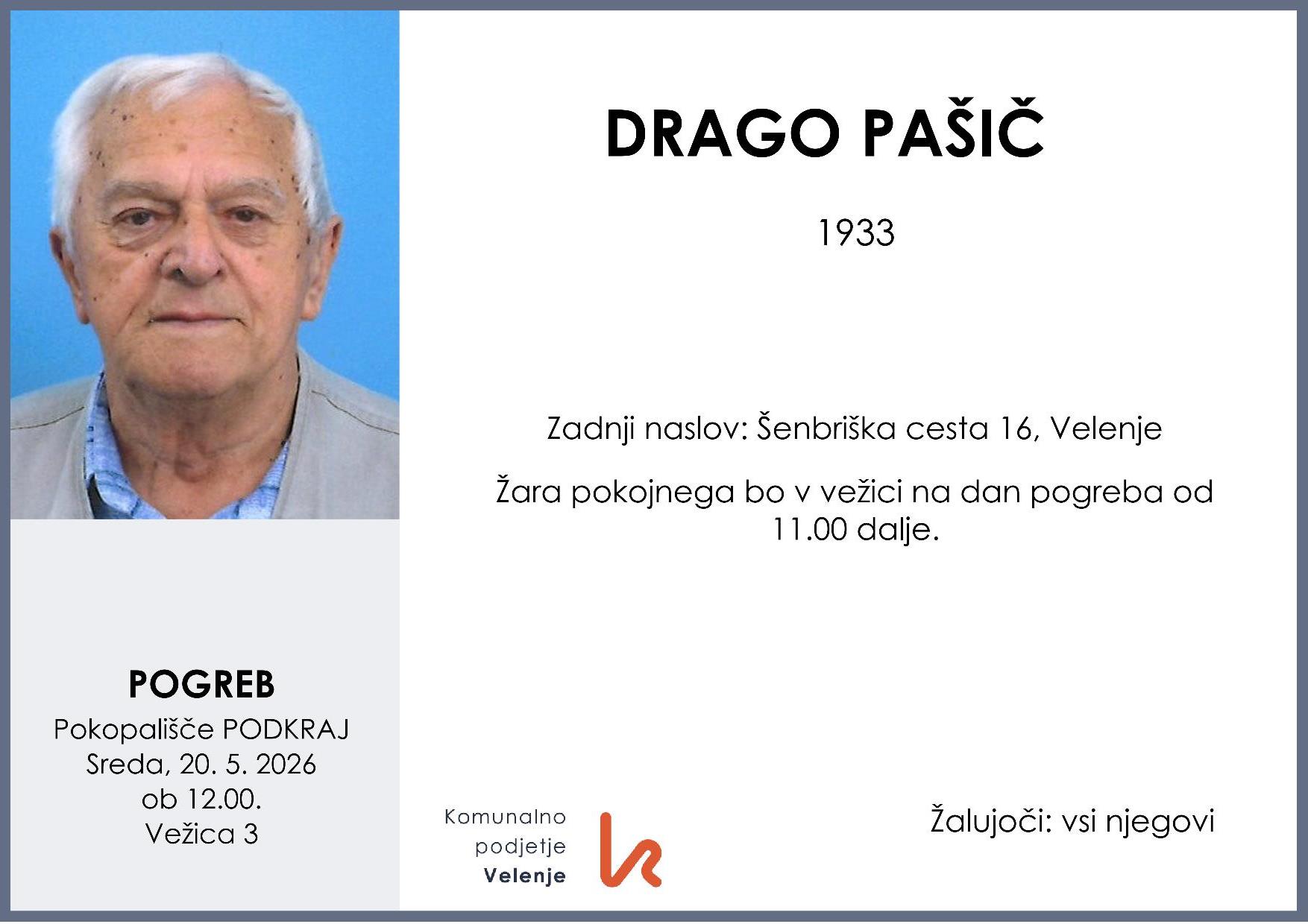 OsmrtnicaPašičDrago1933 pogreb sreda 20.5.2026 ob 12.00 Podkraj