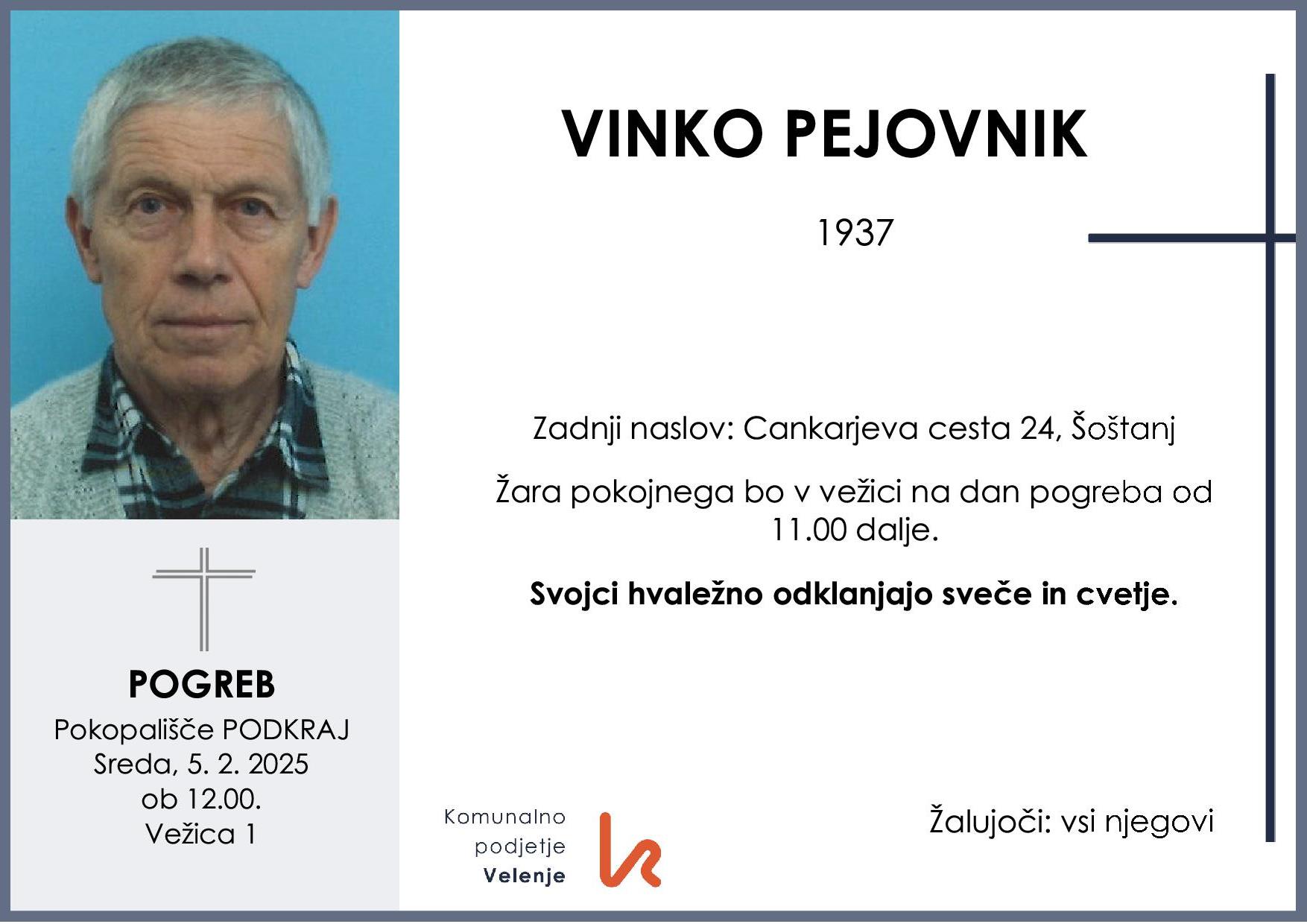 OsmrtnicaPejovnikVinko1937 pogreb sreda, 5.2.2025 ob 12.00 Podkraj