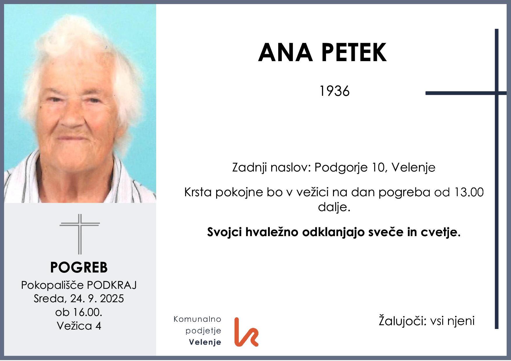 OsmrtnicaPetekAna1936 pogreb sreda 24.9.2025 ob 16.00 Podkraj