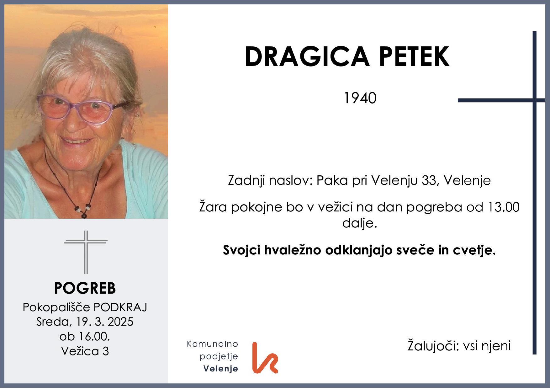 OsmrtnicaPetekDragica1940 pogreb sreda 19.3.2025 ob 16.00 Podkraj