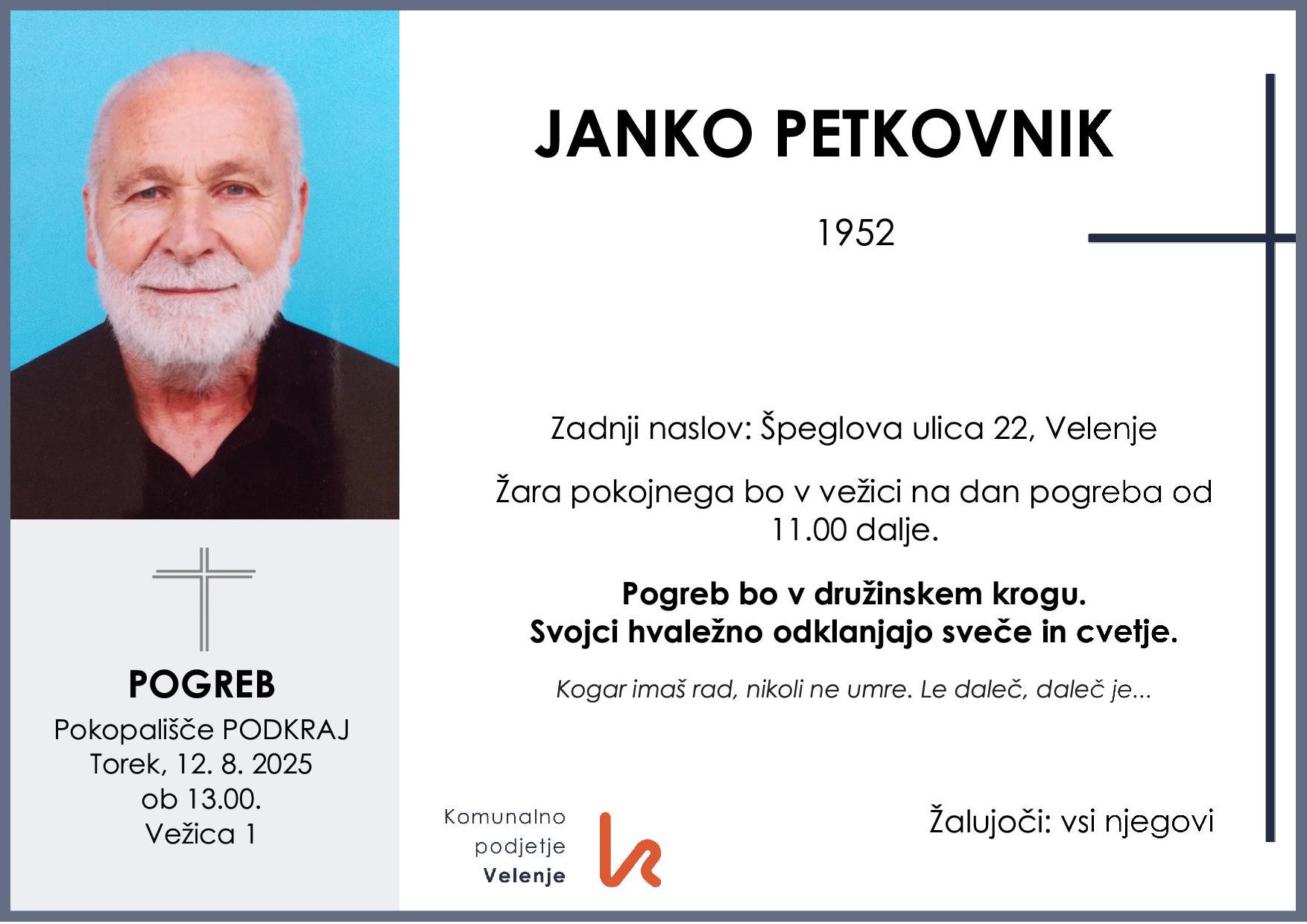 OsmrtnicaPetkovnikJanko1952 pogreb torek 12.8.2025 ob 13.00 