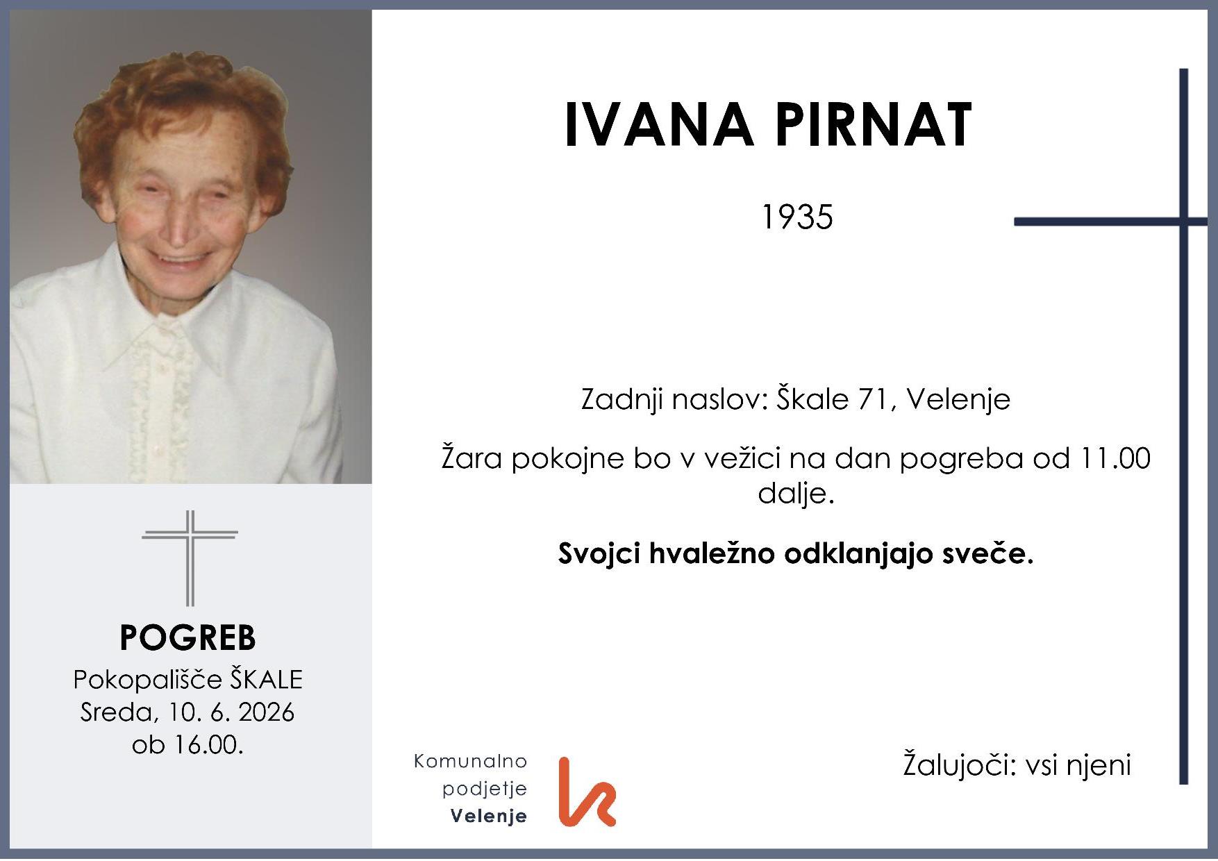OsmrtnicaPirnatIvana1935 pogreb sreda 10.6.2026 ob 16.00 Škale