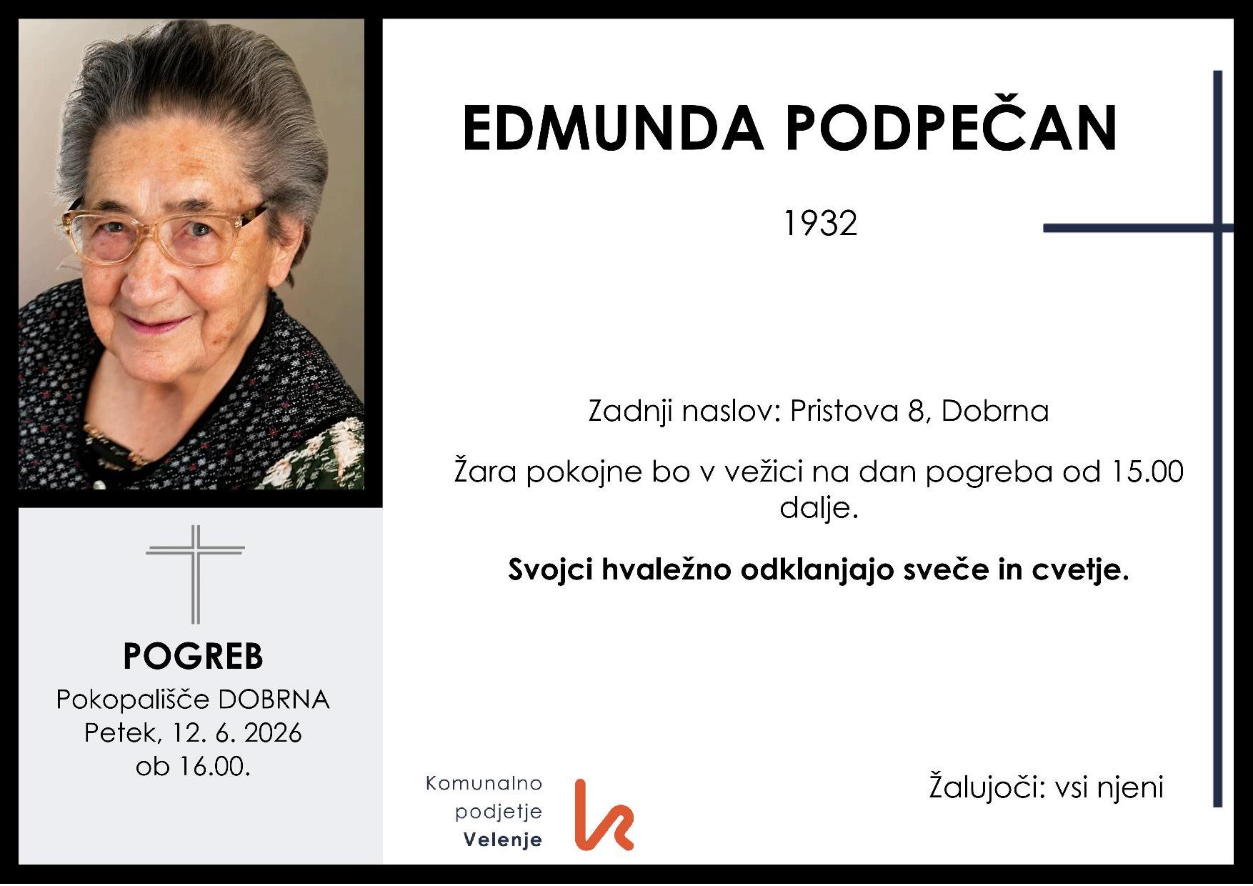 OsmrtnicaPodpečanEdmunda1932 pogreb petek 12.6.2026 ob 16.00 Dobrna