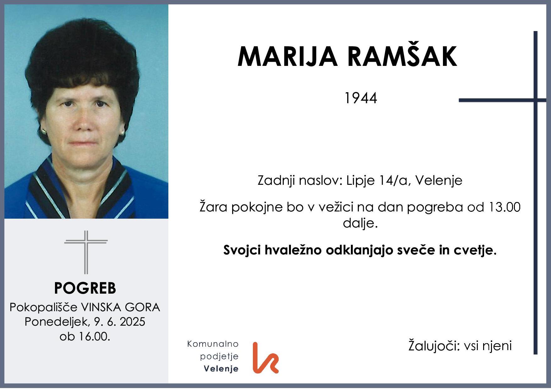 OsmrtnicaRamšakMarija1944pogreb ponedeljek 9.6.2025 ob 16.00 Vinska Gora