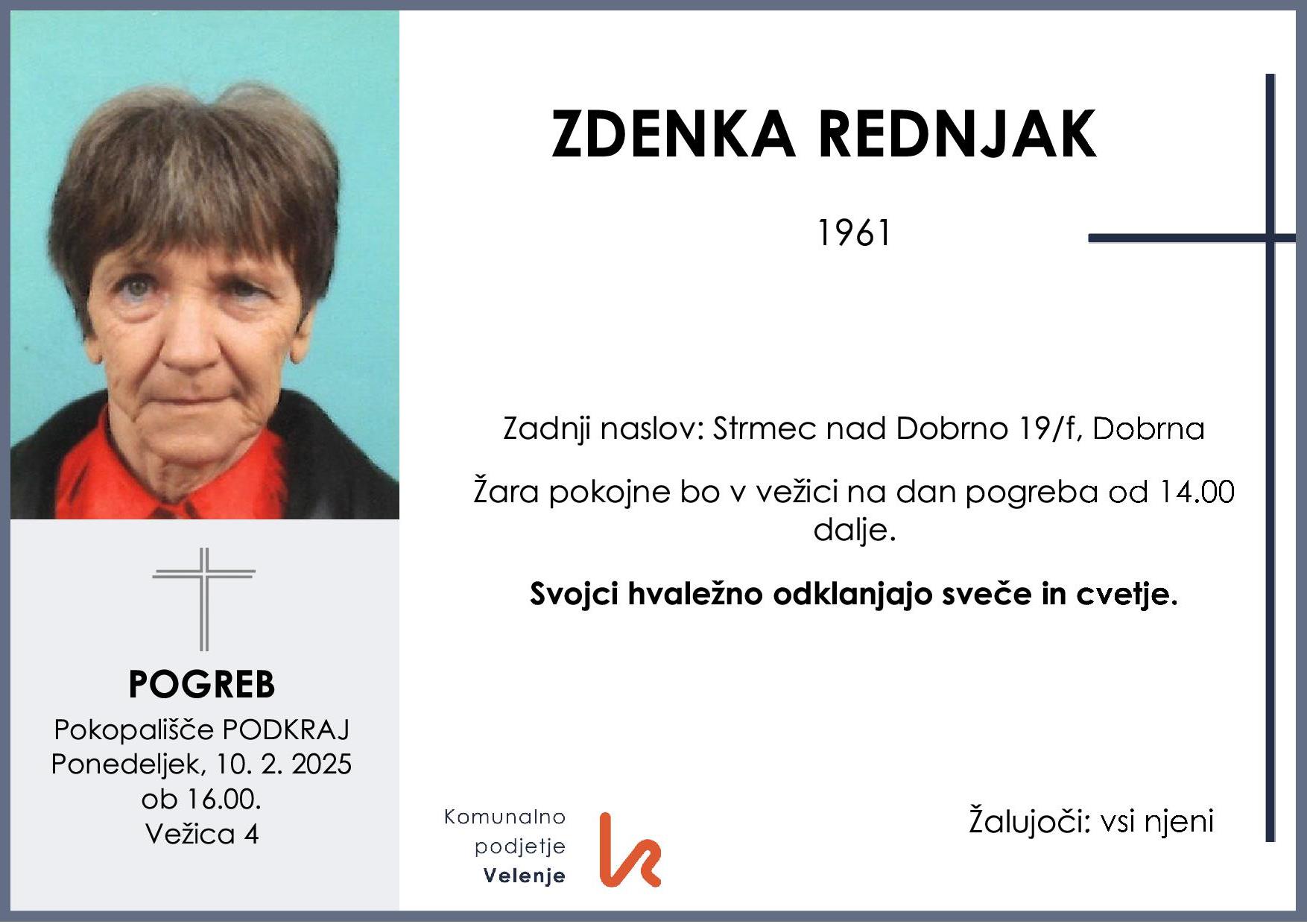 OsmrtnicaRednjakZdenka1961pogreb ponedeljek 10.2.2025 ob 16.00 Podkraj