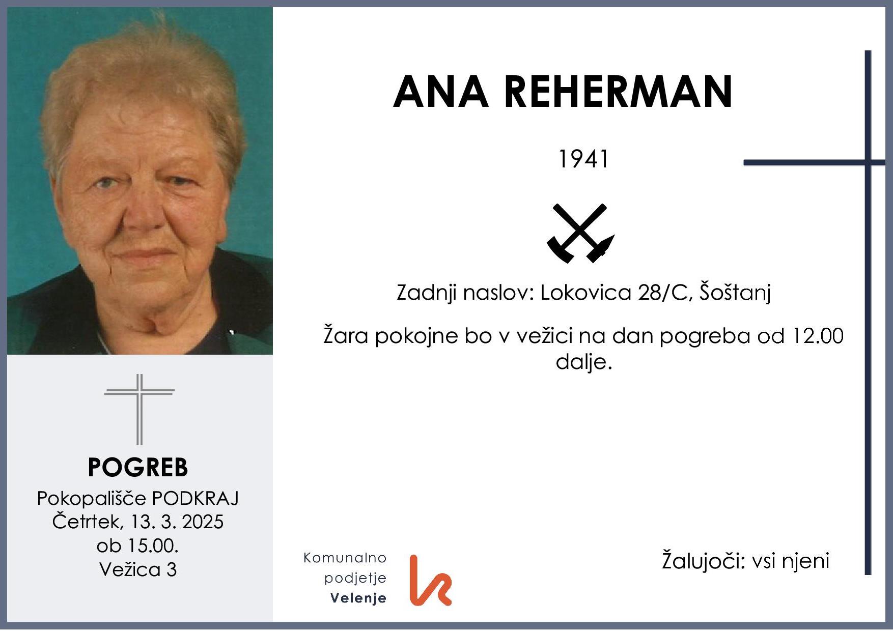 OsmrtnicaRehermanAna1941 pogreb četrtek 13.3.2025 ob 15.00 Podkraj