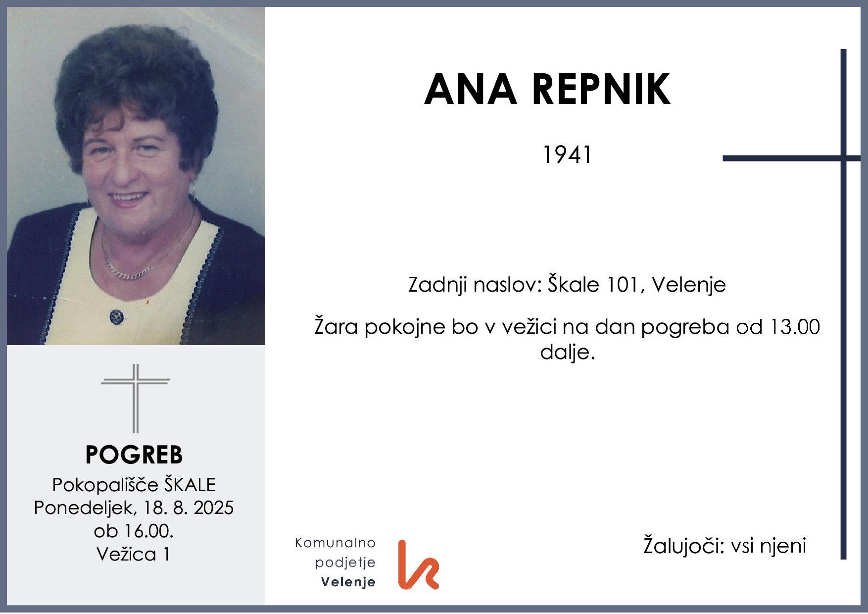 OsmrtnicaRepnikAna1941pogreb ponedeljek 18.8.2025 ob 16.00 Škale